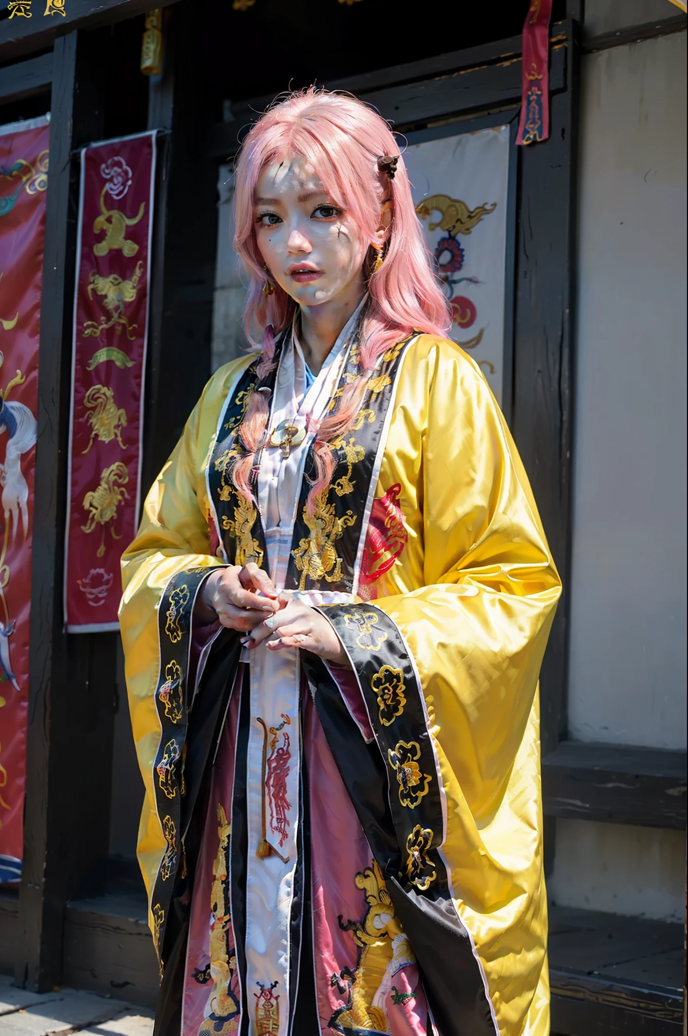 ((masterpiece), (best quality), ultra high res, (raw photo:1.2), (photorealistic:1.4), Exceptional detail, dramatic lighting, highres,   8k, absurdres, solo, 
CNGirl_2, 1girl, ((pink hair)), close up, daoist_robe, yellow daoist robe,  Chinese Temple, fantasy, incense, long hair, looking at viewer,