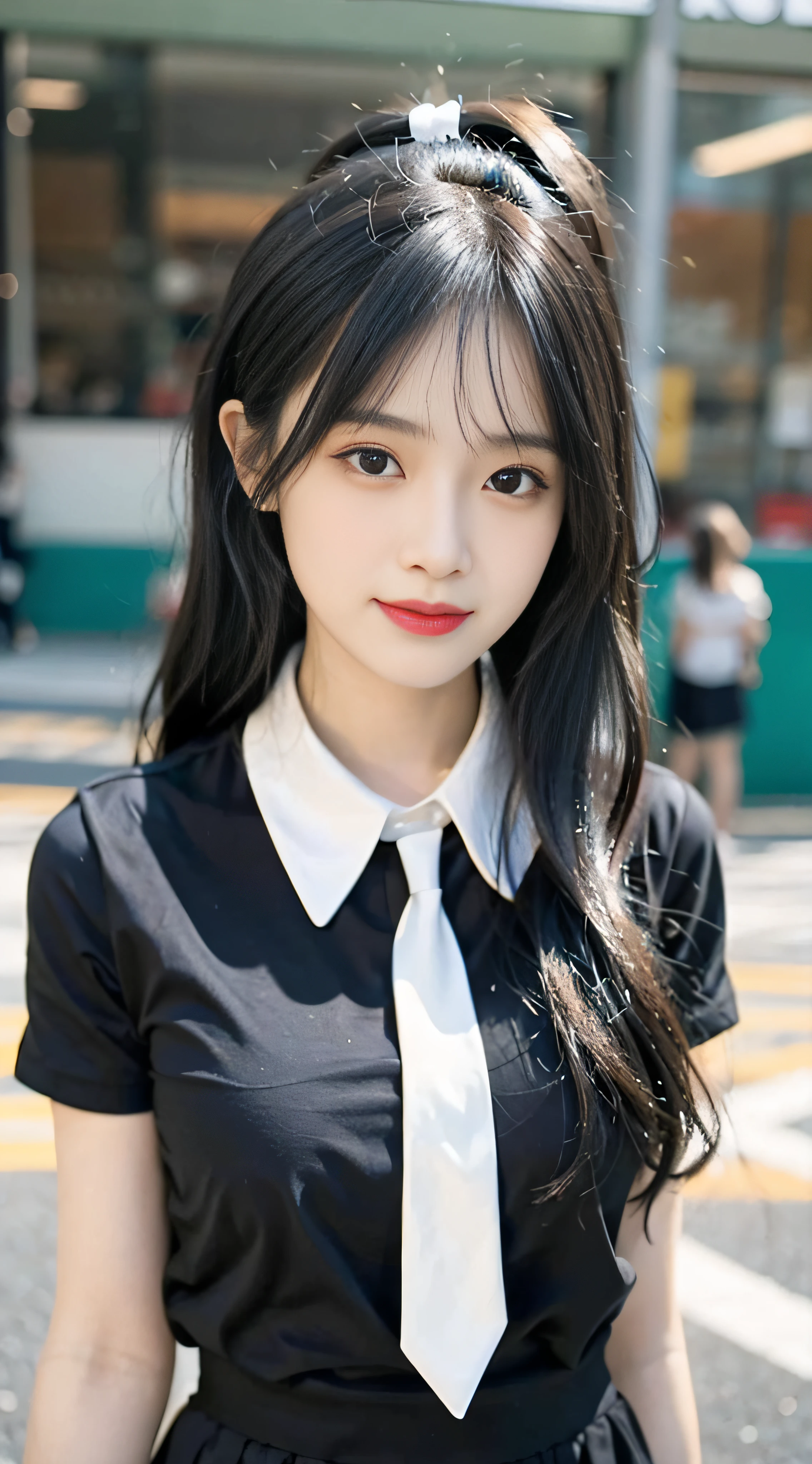 (4K, RAW photo, Best quality, Masterpiece: 1.3), (Real, photoreali: 1.37), (Night), (view the viewer: 1.331), (Black hair), posing on a, School playground, Night scene, Gentle light, 1girll, Beautiful face, Bust photo, Random hairstyle, Random expression, Big eyes, belly, (short- sleeved.JK_shirt), JK_Style, (Crimson JK_Skirt) ,(Bow JK_tie),Solo,