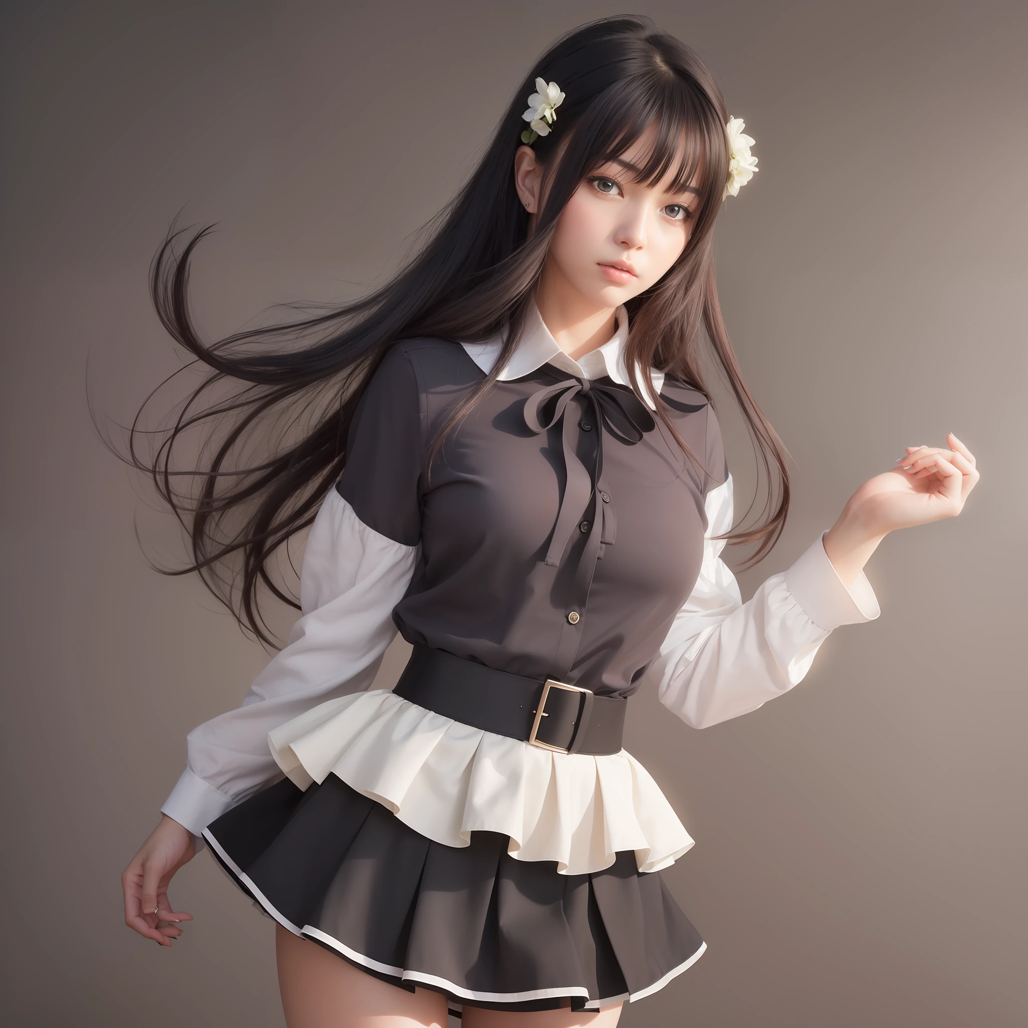 ((masterpiece, best_quality)), 1girl, (photorealistic:1.4), solo, white_background, black_hair, long_hair, zettai_ryouiki, skirt, ((full_body)),