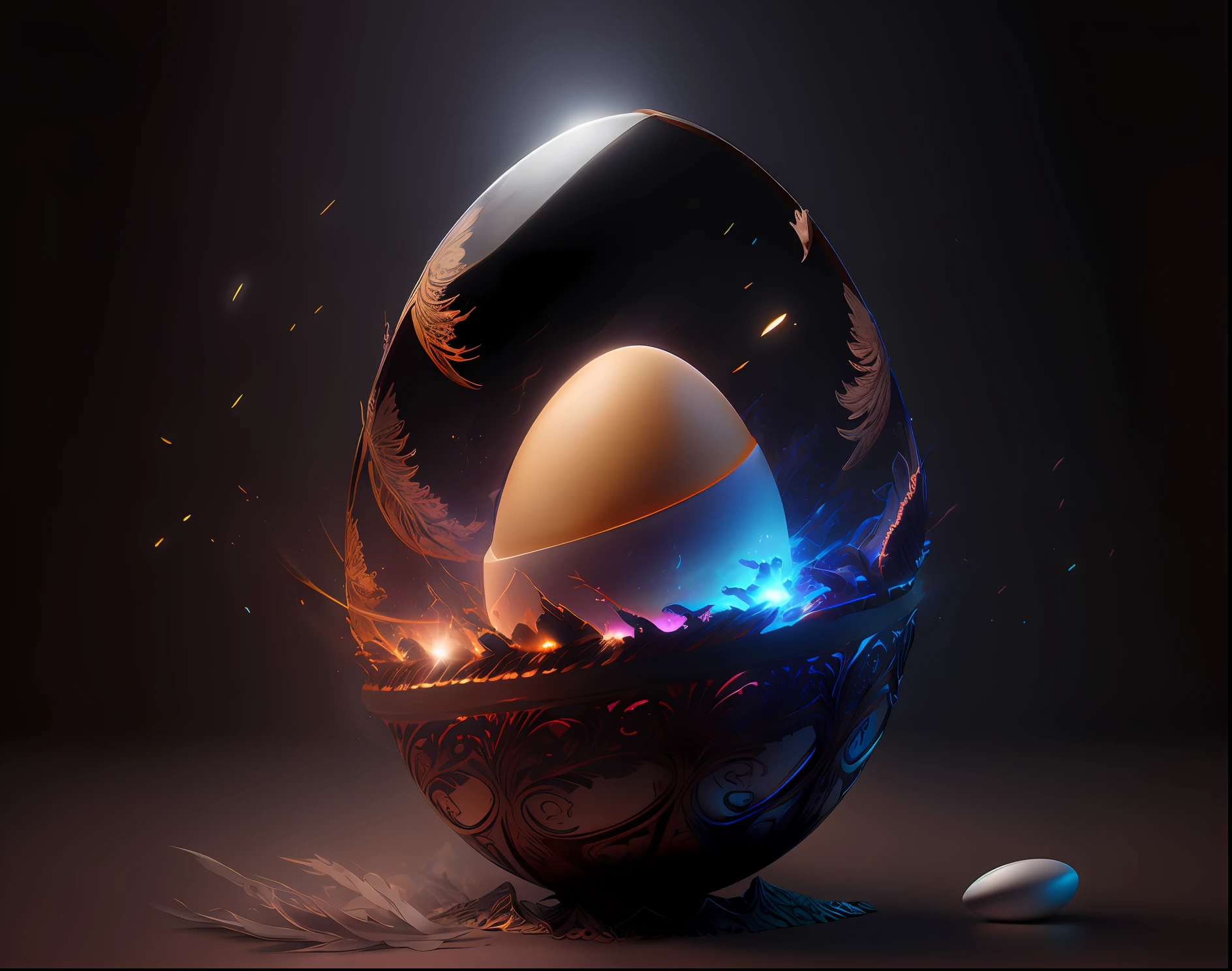 there is a large egg with a hole in it on a dark surface, 3d digital art 4k, cinema 4d bright light render, cinema 4 d art, 3d render digital art, humpty dumpty in form of egg, digital art render, high-quality render, magic frozen ice phoenix egg, cinema 4 d render, cinema 4d render, white background, color slash, aint unreal engine, octane (broken eggs | intricateaptor Christ:1.27) as as illustrated by simon bisleyiplice & chris hemsworth w 1 0 8 2 holding Aeons Old Weapon + ornate detailed sword + angel wings new technology + holy concept art + hyper realistic flesh