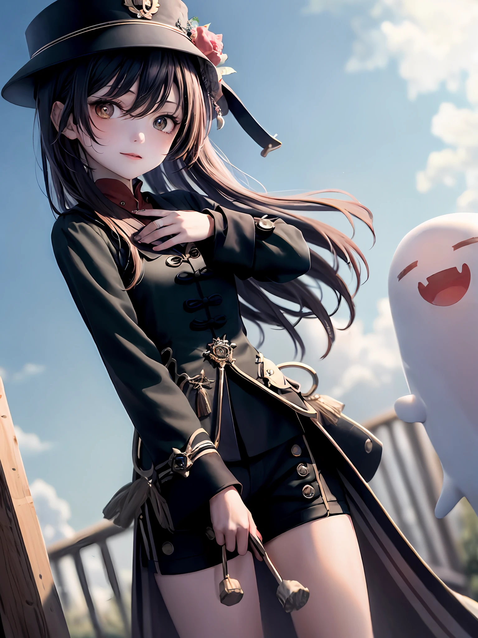 1girll, Single person，Loli， (巨作:1.1), (Best quality:1.1),  Break [Blue:peach red:0.5] Theme, Cowboy shot,Cinematic light， (full bodyesbian:1.2)，Exquisite facial features，perfect hand，wearing hat，standing on your feet，outside，Bright colors