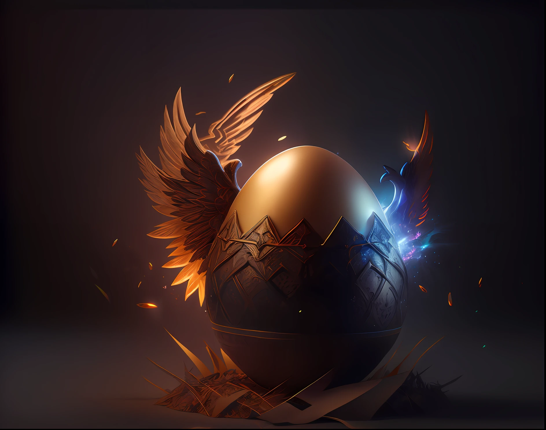 there is a large egg with a hole in it on a dark surface, 3d digital art 4k, cinema 4d bright light render, cinema 4 d art, 3d render digital art, humpty dumpty in form of egg, digital art render, high-quality render, magic frozen ice phoenix egg, cinema 4 d render, cinema 4d render, white background, color slash, aint unreal engine, octane (broken eggs | intricateaptor Christ:1.27) as as illustrated by simon bisleyiplice & chris hemsworth w 1 0 8 2 holding Aeons Old Weapon + ornate detailed sword + angel wings new technology + holy concept art + hyper realistic flesh