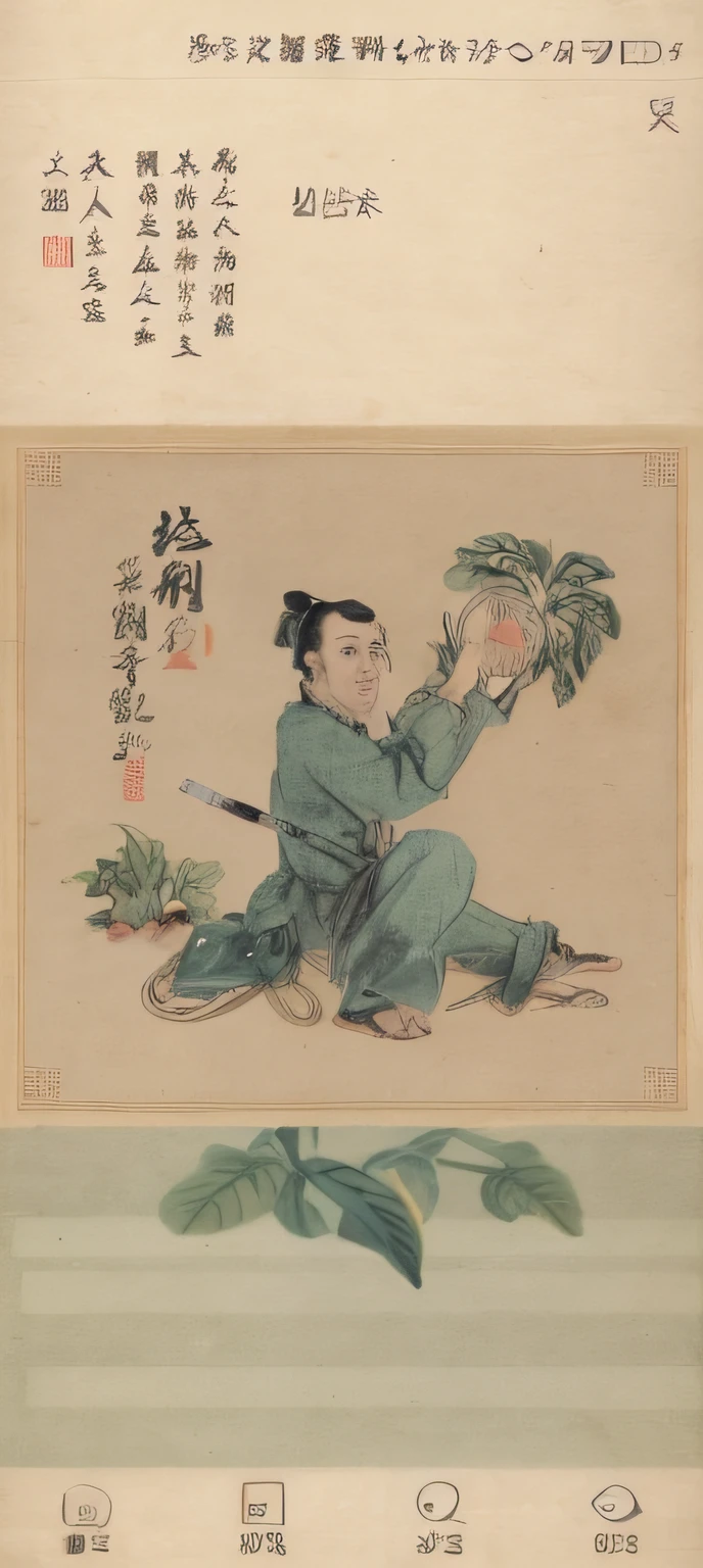 Cartoon close-up of a man holding a plant, inspired by Dong Yuan, Inspired by Cao Zhibai, inspired by Wang Mian, inspired by Chen Daofu, inspired by Luo Ping, Inspired by Ding Guanpeng, Inspired by Seki Dosheng, Chiba Yuda, inspired by Cao Buxing