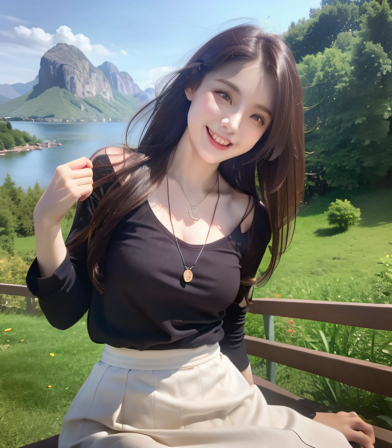(Best quality, high resolution, Masterpiece: 1.3), a beautiful woman with a slender figure, (dark brown layered hairstyle), wearing a pendant, t-shirt, white skirt, outdoors, scenic beauty, lakes and mountains in distant background, details in face and skin texture beautifully rendered, details eyes, (best quality, high resolution, masterpiece: 1.3), a beautiful woman with a slim figure, (dark brown layered hairstyle), wearing pendant, t-shirt, white midskirt, outdoors, background random, details in face and skin texture beautifully rendered, detail eyes, double eyelids, seductive laugh, feminine laugh, seductive pose