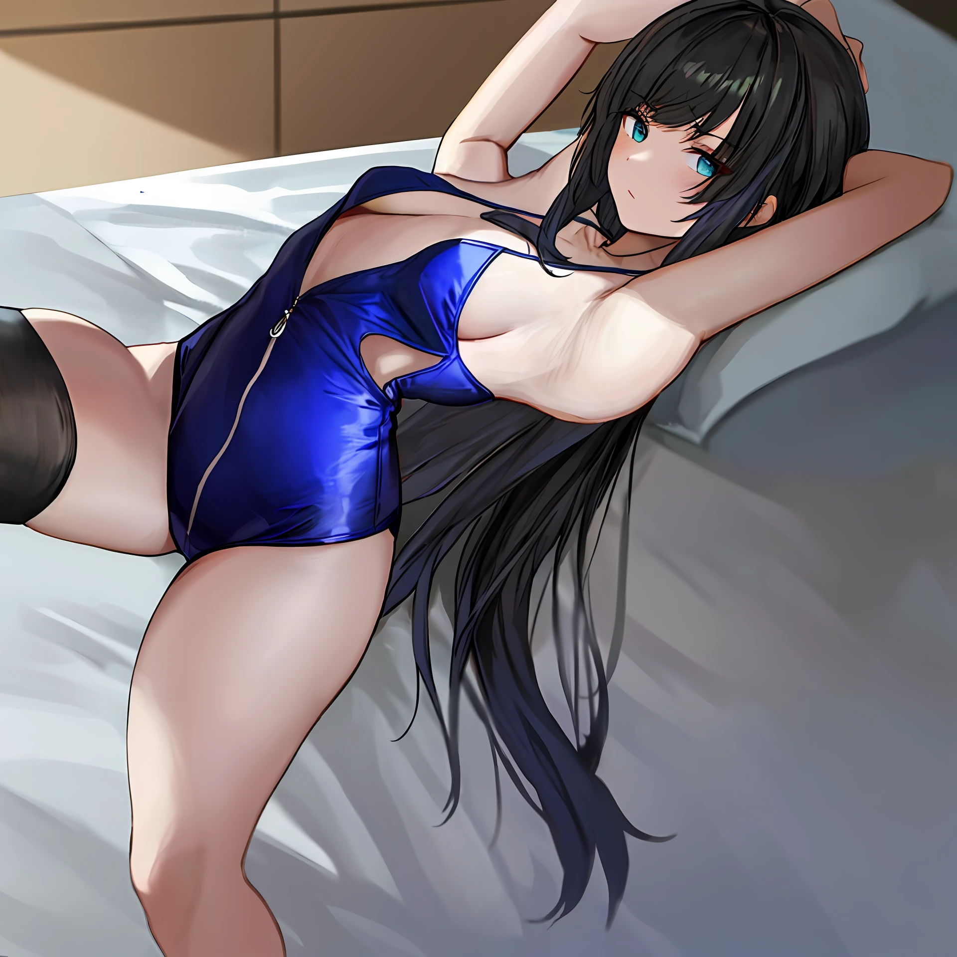 there is a woman in a blue top and black shorts posing, a picture inspired by Leng Mei, tumblr, shin hanga, cute girl wearing tank suit, dark blue leotard costume, navy leotard costume, wearing leotard, tight attire, open v chest clothes, sakimichan, smooth white tight clothes suit, is wearing a swimsuit