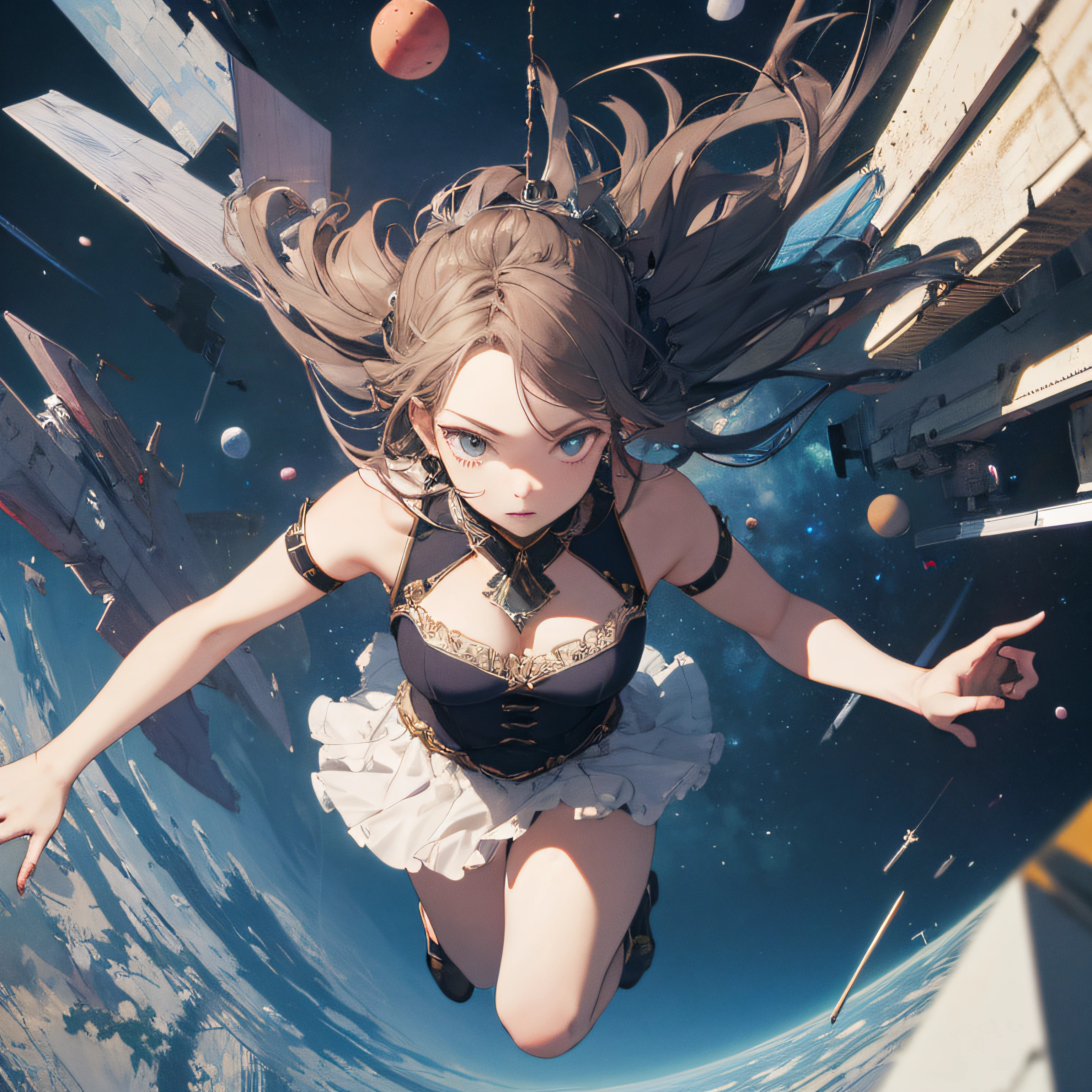 absurd res, high res, (masterpiece:1.4), ultra-detailed, 1girl, from above, space, floating