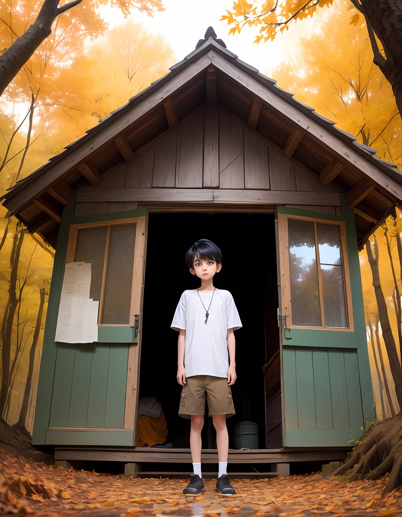 A high-definition image，Autumn leaves，Dilapidated chalet in the forest，Libido boy（with short black hair，teardrop，Deep eyes，sadness，Wears white short sleeves，There are holes in the clothes）Stand in front of the hut