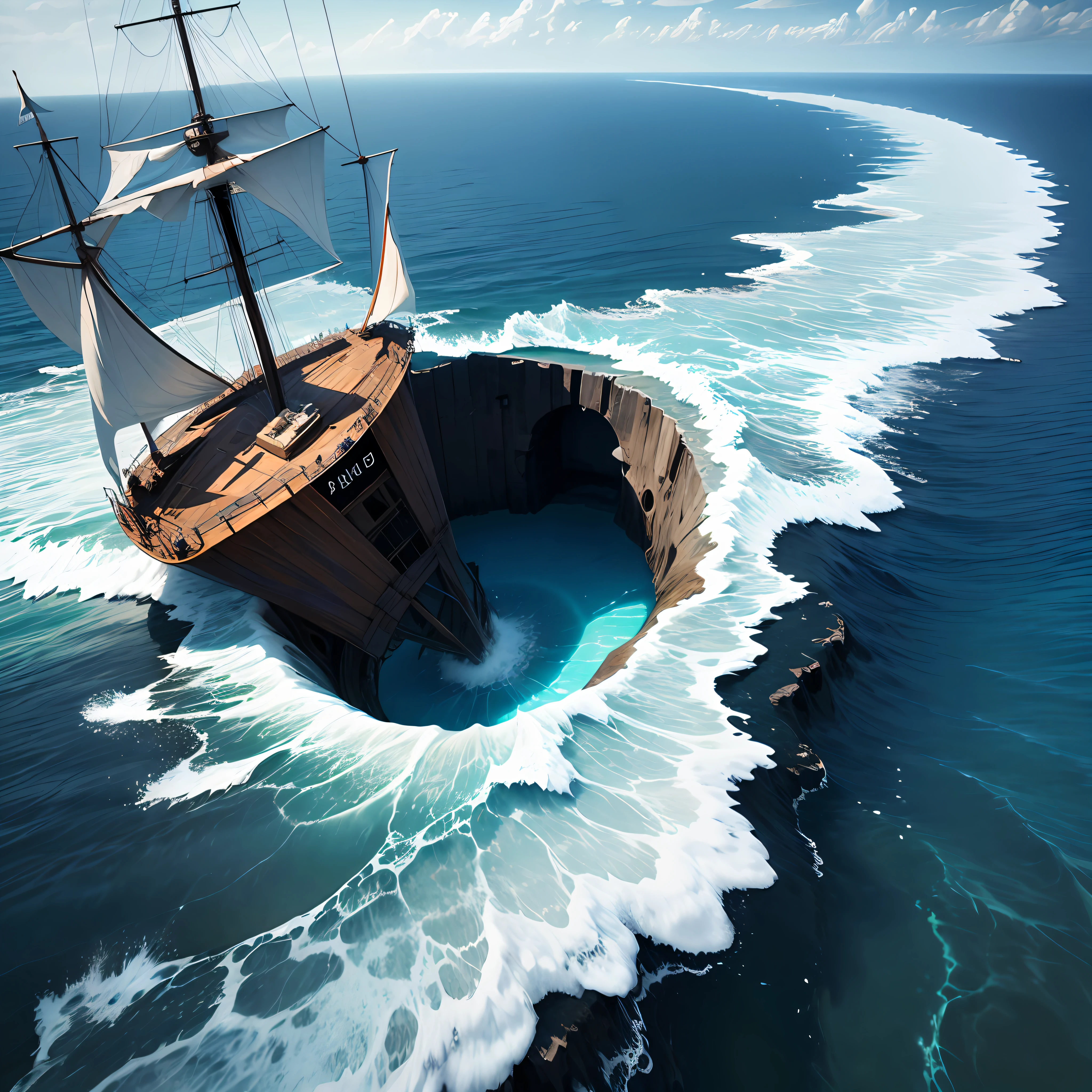 a hole in the middle of the ocean, water coming in, a ship being swallowed by the hole. --auto
