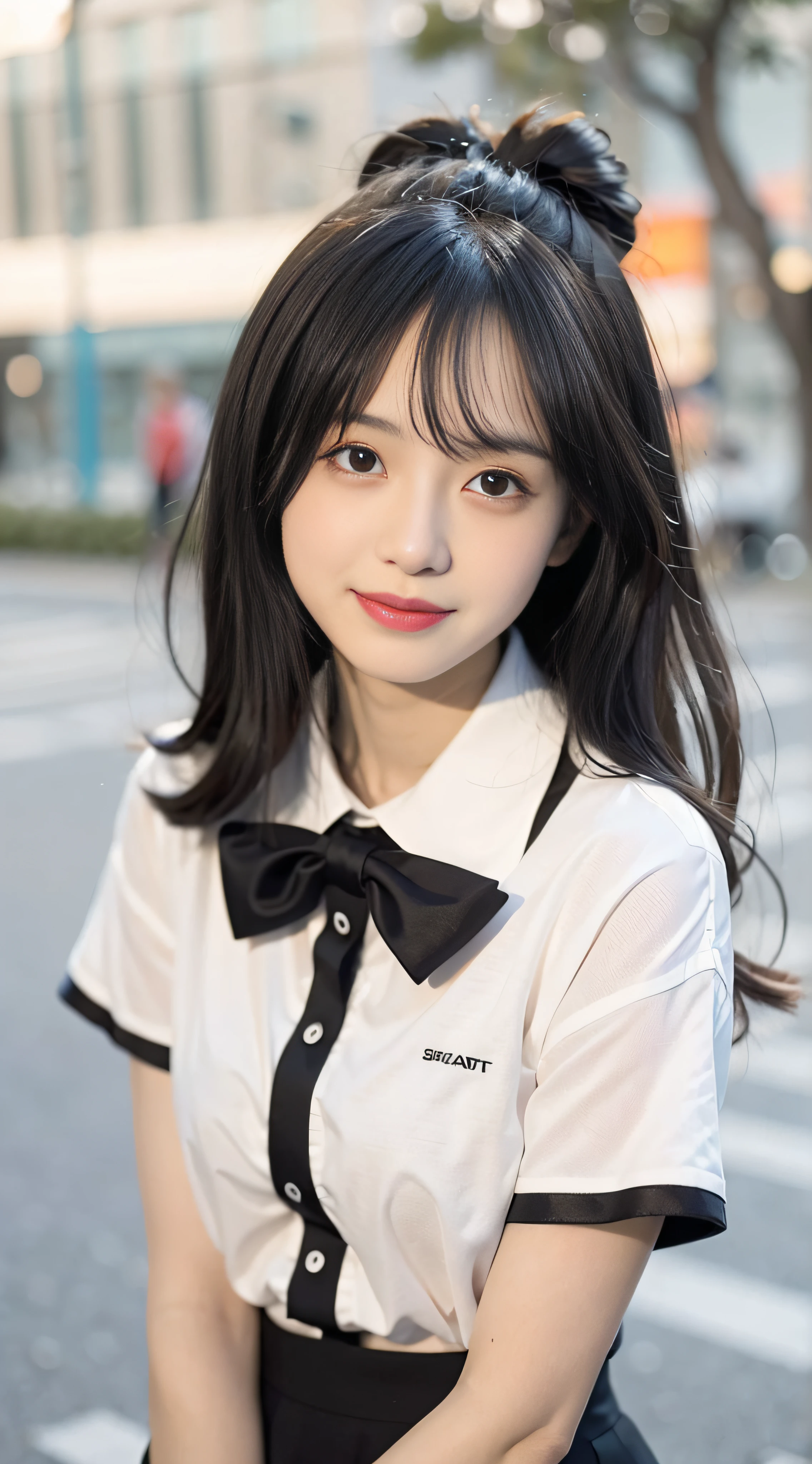 (4K, RAW photo, Best quality, Masterpiece: 1.3), (Real, photoreali: 1.37), (Night), (view the viewer: 1.331), (Black hair), posing on a, School playground, Night scene, Gentle light, 1girll, Beautiful face, Bust photo, Random hairstyle, Random expression, Big eyes, belly,  (short- sleeved.JK_shirt), JK_Style, (Crimson JK_Skirt) ,(Bow jk_tie),Solo，