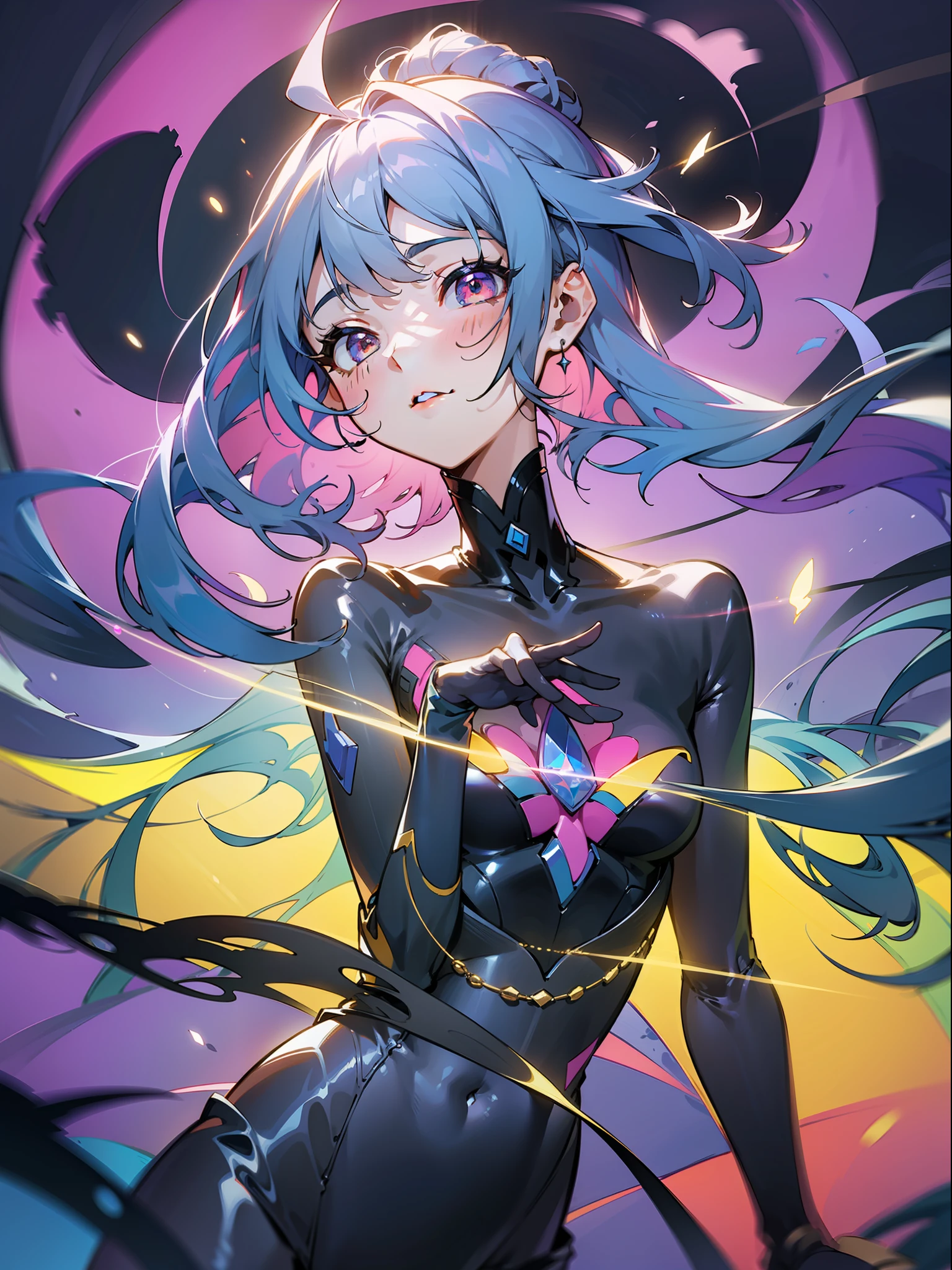 beautiful a girl、Music is empowered、Music、waveform、(((Hyper Detail))),(Extreme Detail CG Unity 8K Wallpapers、tmasterpiece、最好质量)、(exquisite lighting and shadow、highly dramatic picture、a beautifulchi girl)、(Cinematic lens effect)、concept-art、starlit、nightcity、neon、Colorful shapes with sounds in the background、band、song、stain glass、dynamism、Lots of sound shapes、Sound splash、Composition from the chest up、Flashy paint pattern on the background