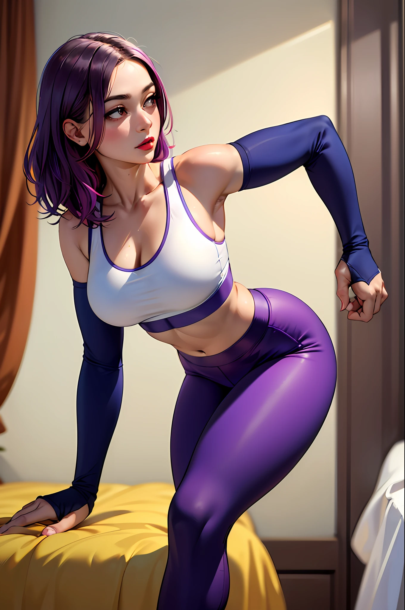 (​masterpiece:1.4)、(top-quality:1.4)、
1girl in, Sports bra and white and purple sports leggings、Arm sleeve, length hair, looking at the viewers, Bedroom, 独奏 ,realisitic,(shinny skin),(​masterpiece:1.4),(top-quality:1.4),red-lips