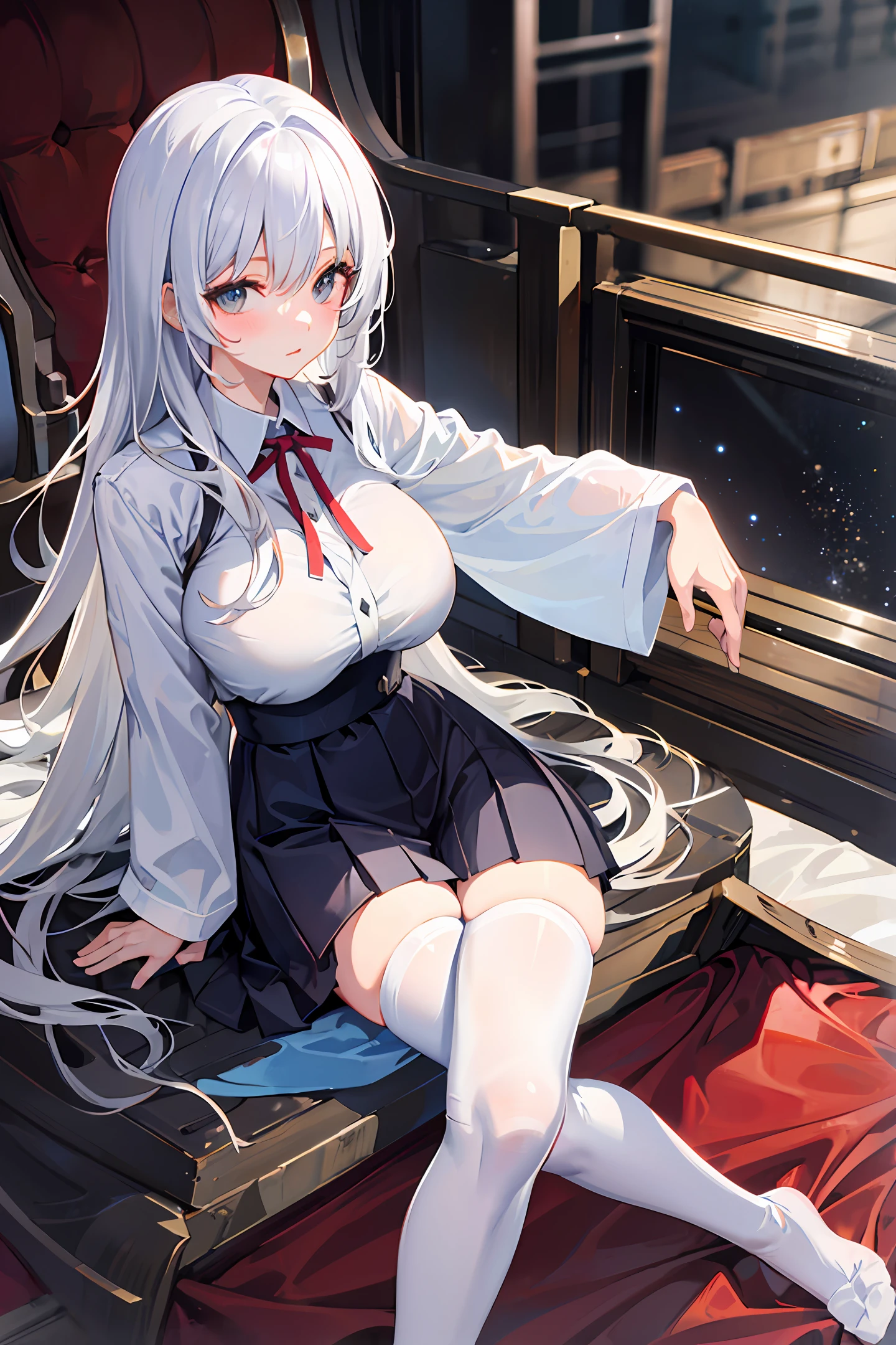 anime big breast,white color hair,校服(Translucent),Feet to the audience,black lence stockings,sit on a bed,(Not wearing underwear)