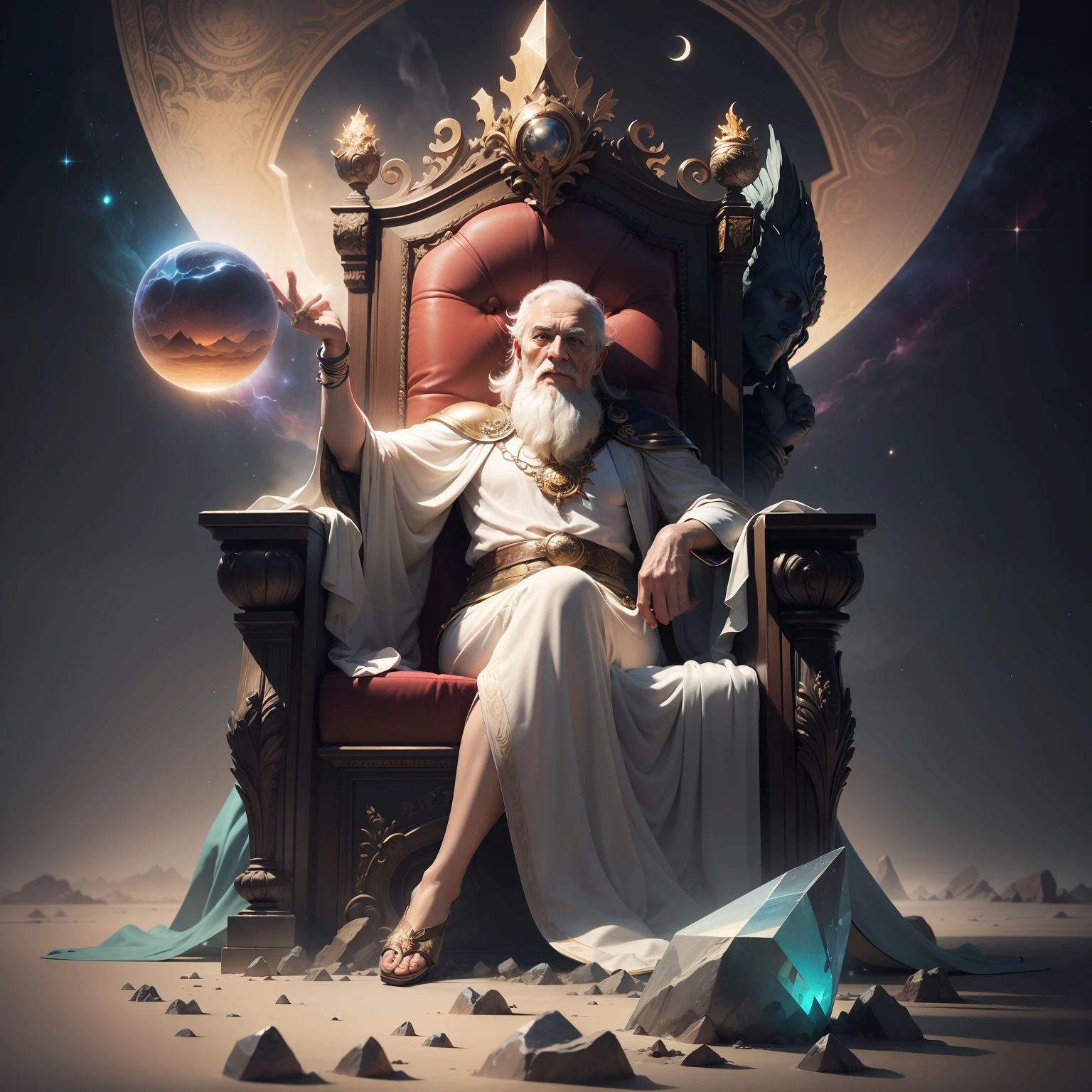 super high resolution, best quality, photo, 16k, (photorealistic: 1.2), cinematic lighting, An old man in the shape of a mythical god. Depict the god holding the sun and moon, enveloped by a radiant aura. Seat them on a magnificent throne within a cosmic backdrop, in bright white cloaks floating on the crystal throne, floating on crystal clouds, surrounded by the splendors of the universe. Pay meticulous attention to stunning details and achieve a resolution of 64K for an immersive and realistic visual experience. Let your work capture the essence of myth and wonder, leaving viewers in awe of its beauty and power.