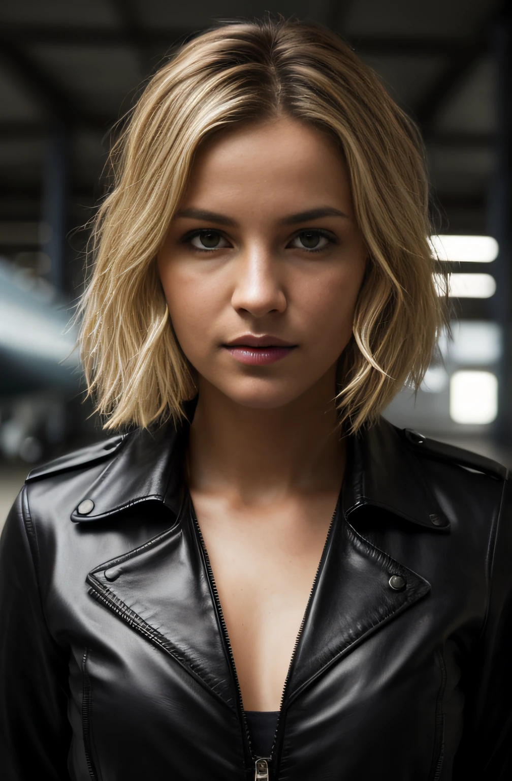 photorealistic full body portrait of stunning, sly female pilot in a hangar, old leather uniform, bomber jacket, (8k, RAW photo, best quality, masterpiece:1. 2), (realistic, photo-realistic:1. 37) ultra-detailed, beautiful detailed eyes, beautiful detailed lips, a captivating gaze, and an alluring expression. beautiful dynamic dramatic dark moody lighting, shadows, cinematic atmosphere, photograph, focal length, ((waist long, messy, wild, blonde, hair))
