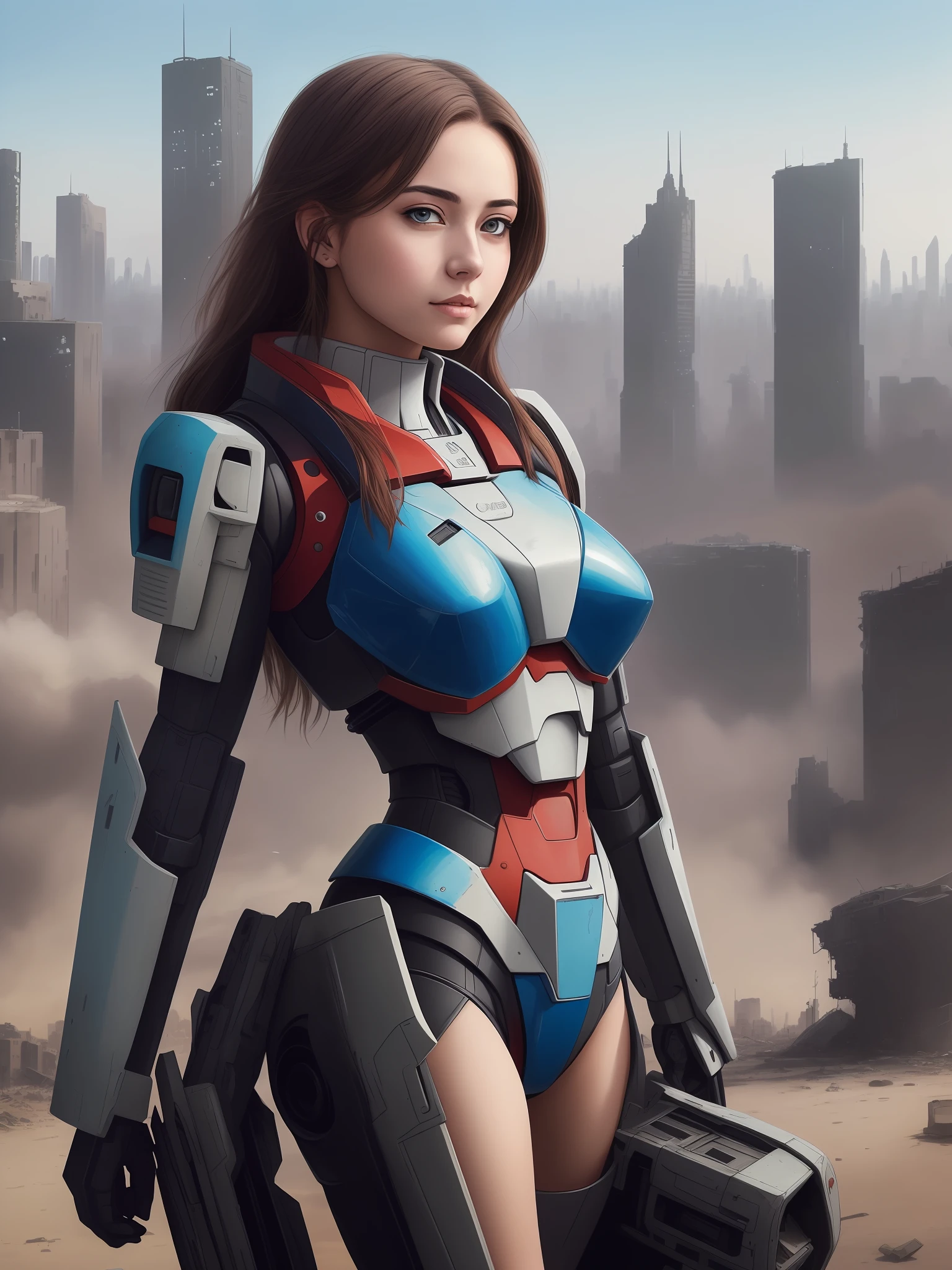 ((Best quality)), ((masterpiece)), (highly detailed:1.3), 1girl, potrait beautiful armored cyberpunk woman, gundam style, cyborg left hand, breast 1.2, dinamic pose, front view, high detailed face, with destroyed city as a background, RAW, 4K, hyper realistic image, rule of third, (leica lens 50mm)