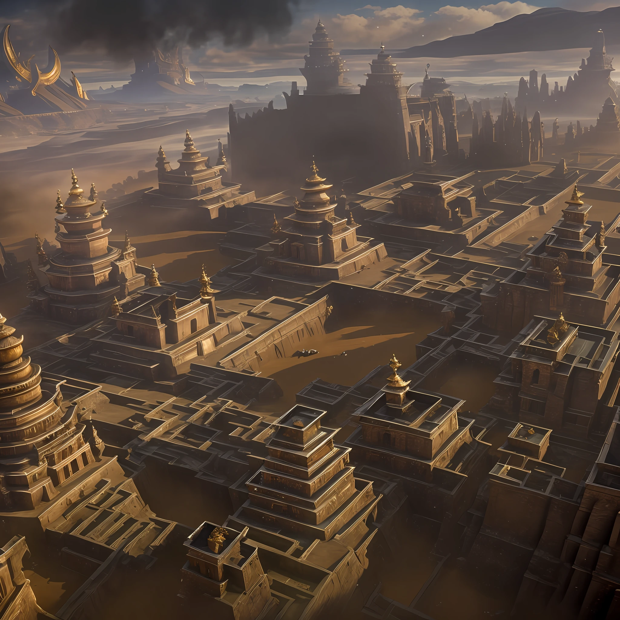 AErial shot of 5,000-year-old Indian city with Indian architecture. Ornate pillars, dozens of " intricate carvings temples spread across area large" and 100' of golden palaces, houses Spread across large area and Surrounded by a moat and a high wall. Buiit on a grid system. low fog around. 3D Game Cinematic Feel, Epic 3D Videogame Graphics, Intricately Detailed, 8K Resolution, Dynamic Lighting, Unreal Engine 5, CryEngine, Trending on ArtStation, HDR, 3D Masterpiece, Unity Render, Perfect Composition SeaArt Bot Upscaling 19:51:24 AErial shot of 5,000-year-old Indian city with Indian architecture. Ornate pillars, dozens of " intricate carvings temples spread across area large" and 100' of golden palaces, houses Spread across large area and Surrounded by a moat and a high wall. Buiit on a grid system. low fog around. 3D Game Cinematic Feel, Epic 3D Videogame Graphics, Intricately Detailed,