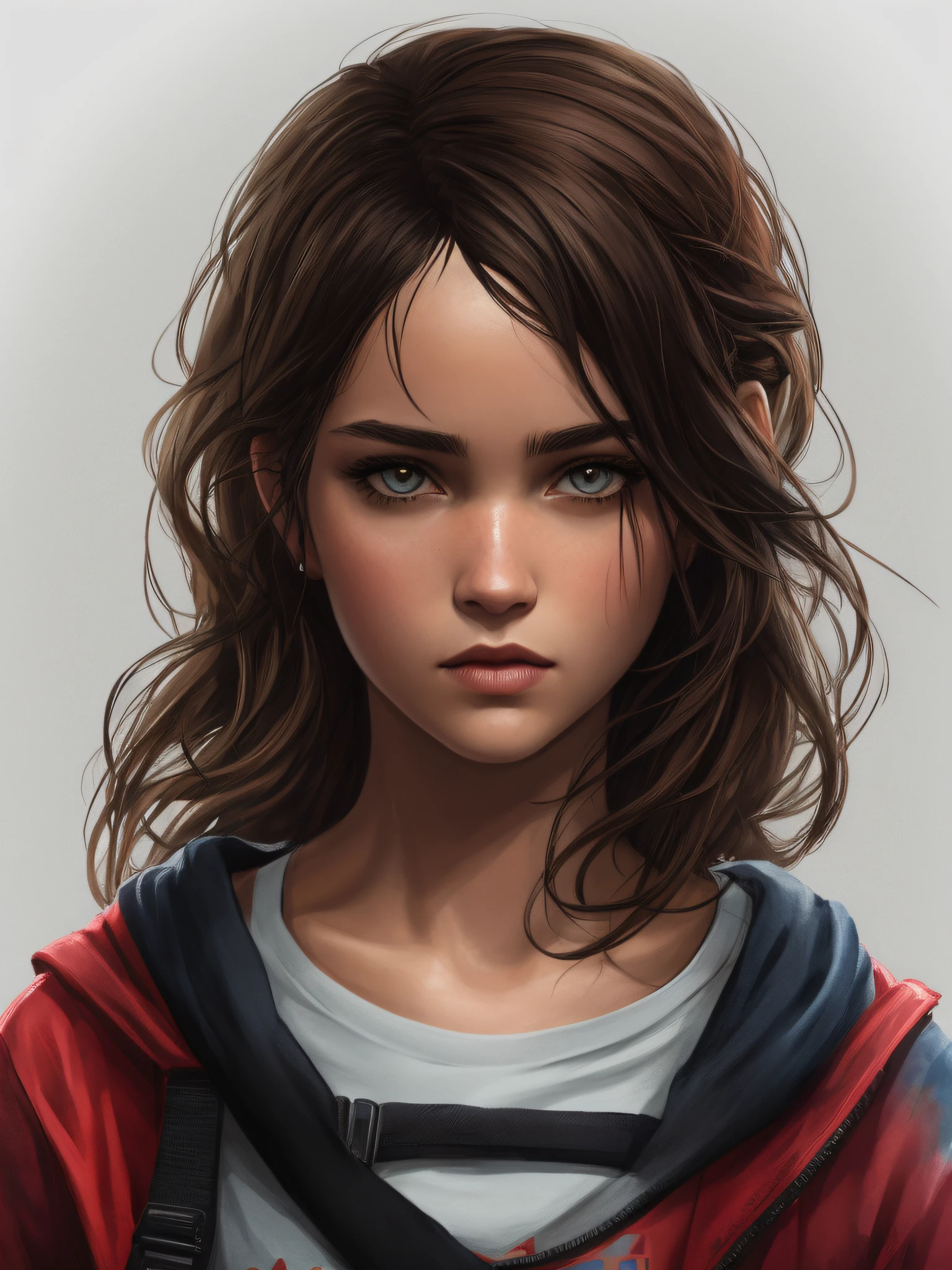 design de camiseta, 2d illustration, Arte centralizada, fundo preto, zumbis, rosto de EllieThe Last Of Us Game, Gothic colors, climate of tension and terror, Adobe Illustration, trending on ArtStation, 8k, disco Rigido, obra-prima, magnificent art, detalhes intrincados, -