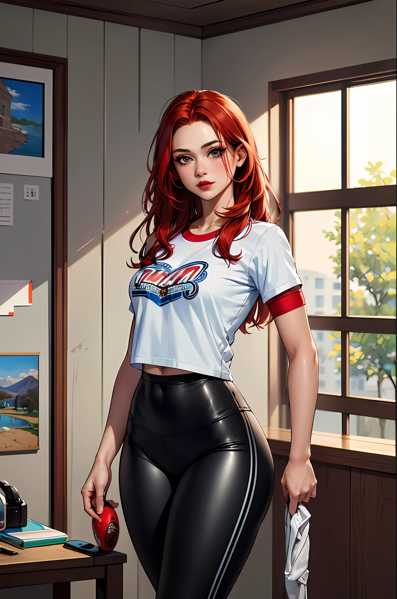 (masterpiece:1.4)、(top-quality:1.4)、
1girl in, T-shirt and colorful sports leggings、Arm sleeve, Red-haired、Big in both hands, length hair, looking at the viewers, 独奏 ,realisitic,(shinny skin),(masterpiece:1.4),(top-quality:1.4),red-lips
