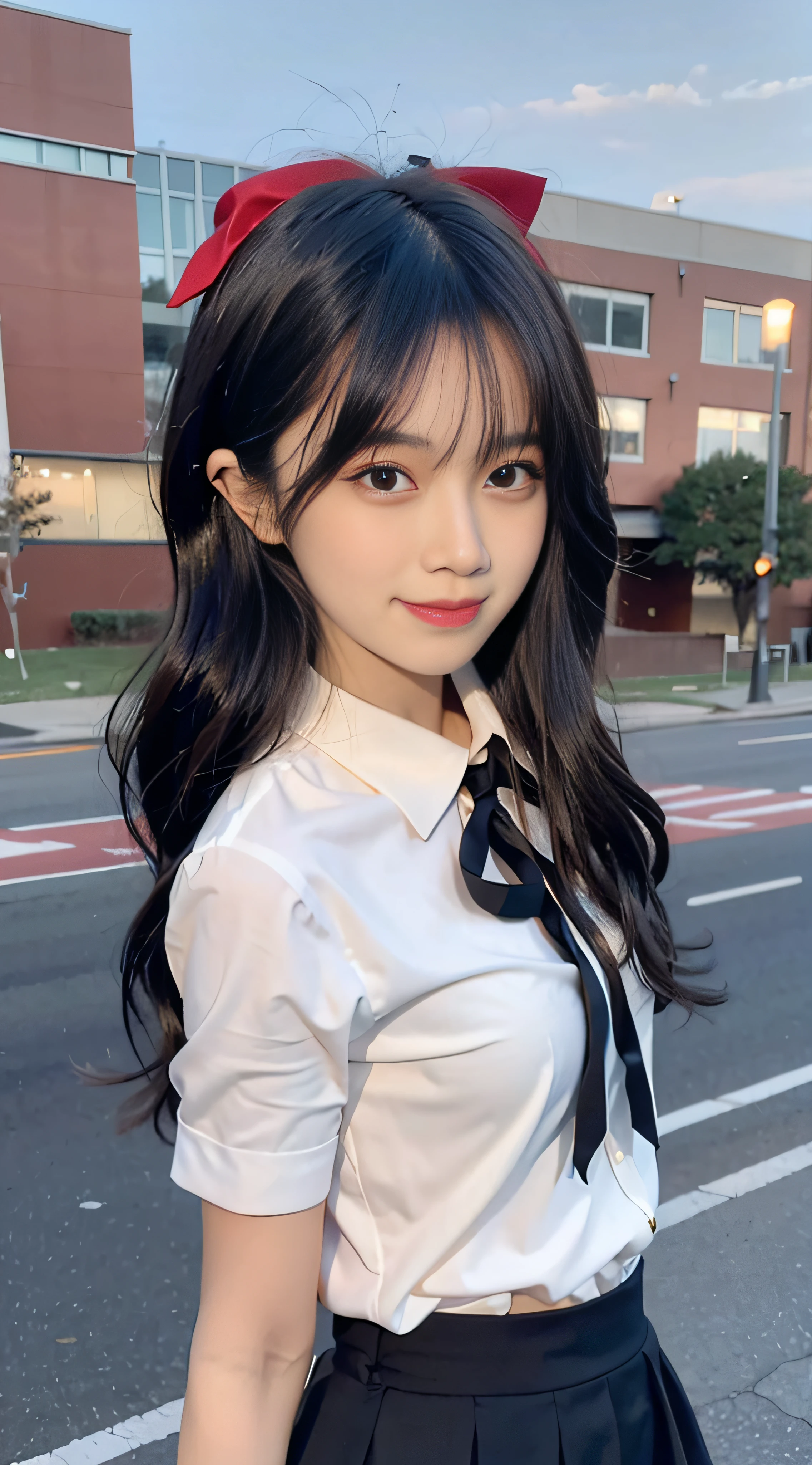 (4K, RAW photo, Best quality, Masterpiece: 1.3), (Real, photoreali: 1.37), (Night), (view the viewer: 1.331), (Black hair), posing on a, School playground, Night scene, Gentle light, 1girll, Beautiful face, Bust photo, Random hairstyle, Random expression, Big eyes, belly,  (short- sleeved.JK_shirt), JK_Style, (Crimson JK_Skirt) ,(Bow jk_tie),Solo，