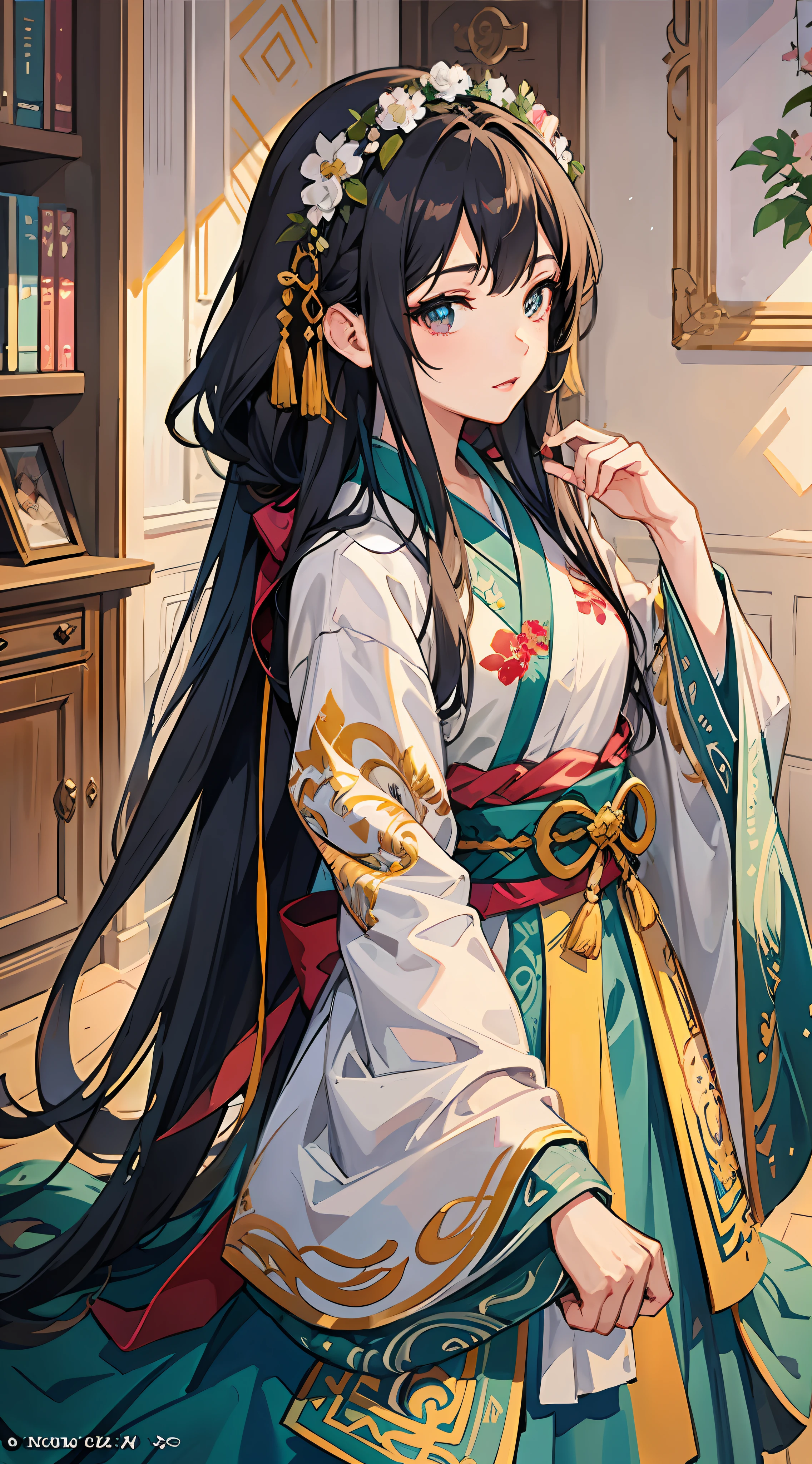 anime girl with long hair and a flower crown in a room, palace , a girl in hanfu, detailed digital anime art, kawacy, high detailed official artwork, guweiz on pixiv artstation, trending on artstation pixiv, intricate ornate anime cgi style, detailed anime artwork, anime fantasy illustration, detailed anime art, 8k high quality detailed art