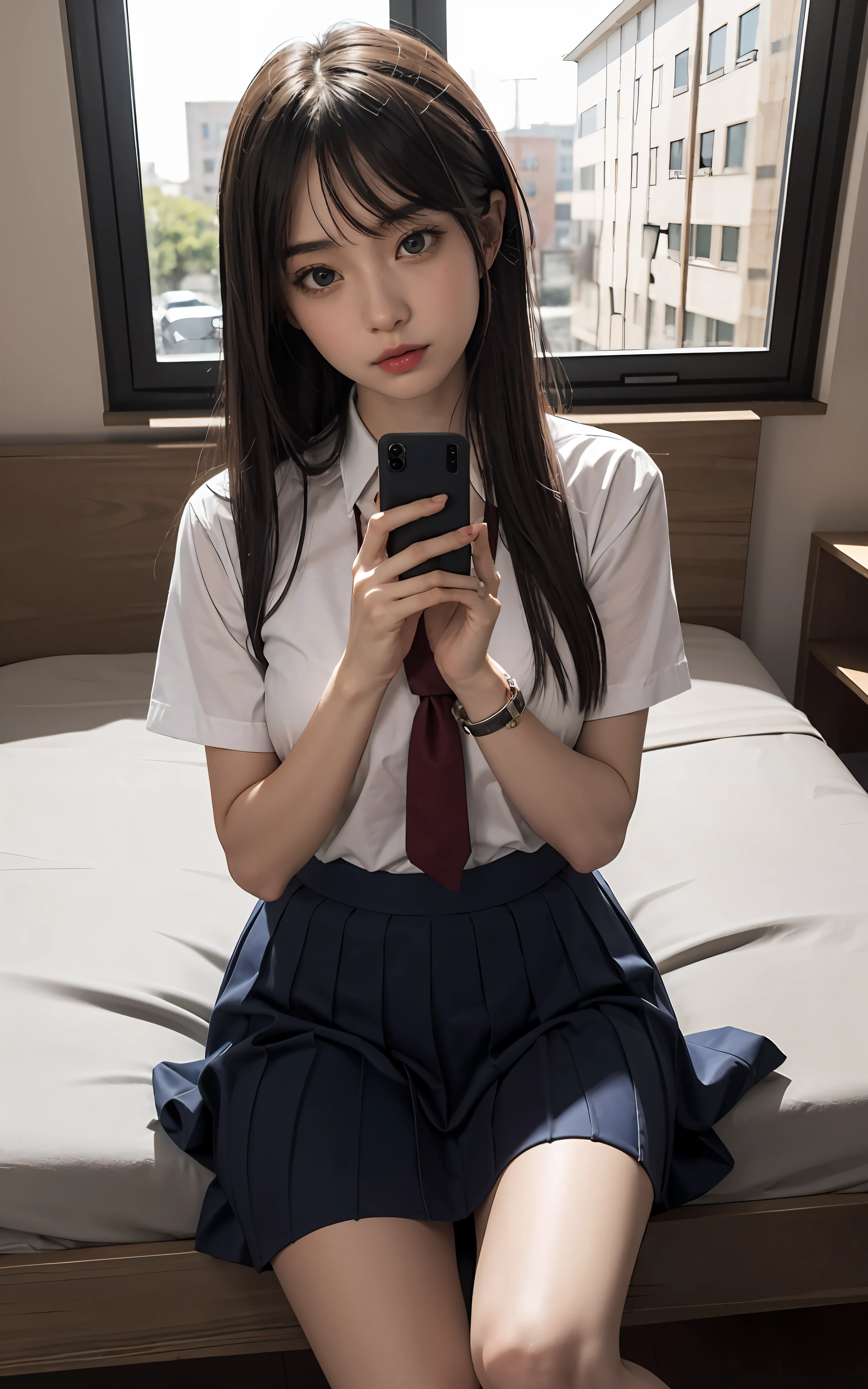 there is a woman sitting on a bed taking a picture of herself, Surrealism female students, Surrealism female students, Realistic schoolgirl, seductive anime girls, female student, Guviz-style artwork
