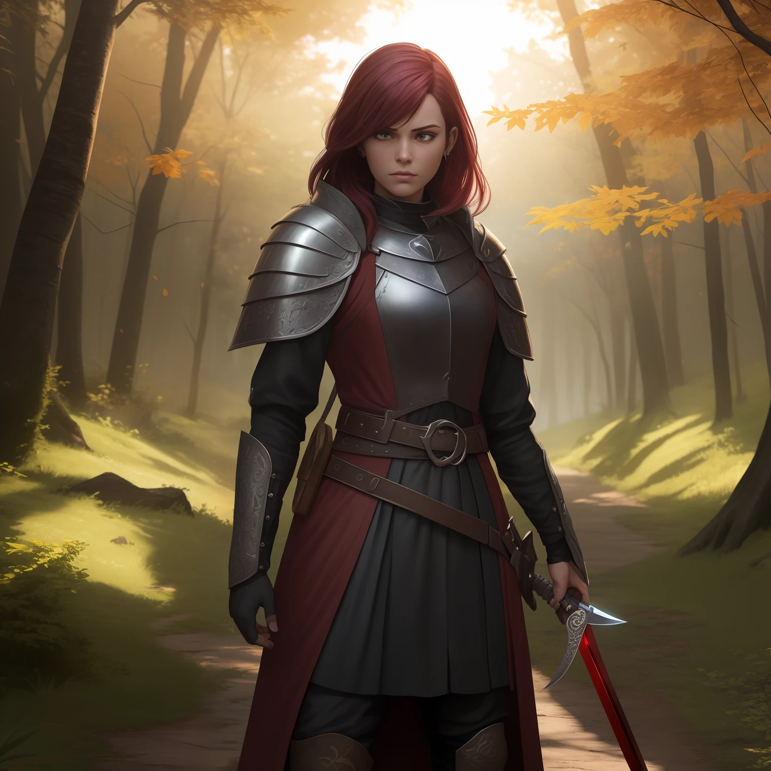 ((melhor qualidade, 8k, obra-prima: 1,3)), a plague tales Amicia in an autumn forest holding a black medieval blade with purple stones on the blade of red hair fighting with a black demon, Gameplay Third person over shoulder view dynamic pose, ultra realistic, 16k, cinemactic, Motor irreal, ray tracing, Ultra Epic, epics, Jogo do Ano --auto