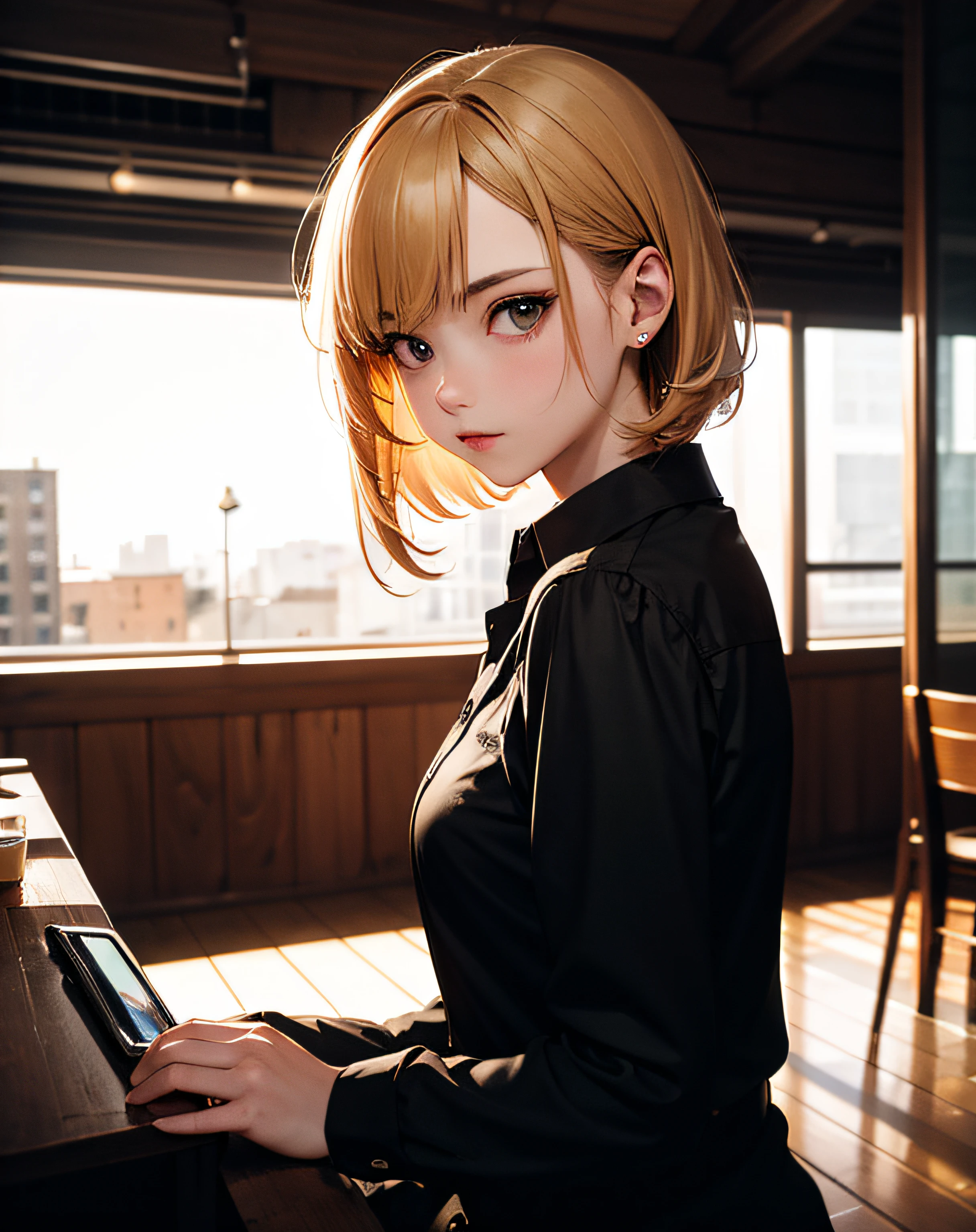 ((​masterpiece、finely best quality、ultra-detailliert、超A high resolution、detailedbackground))、(natta)、(far away)、Chiaroscuro、cafes、inside the house、solofocus、pov、(by the window)、(arm support)、1girl in、Turn your back、a blond、shorth hair、Distracting、sitting on、Cross-eyed、Black collared shirt、(looking at away)、Street space、neon light、