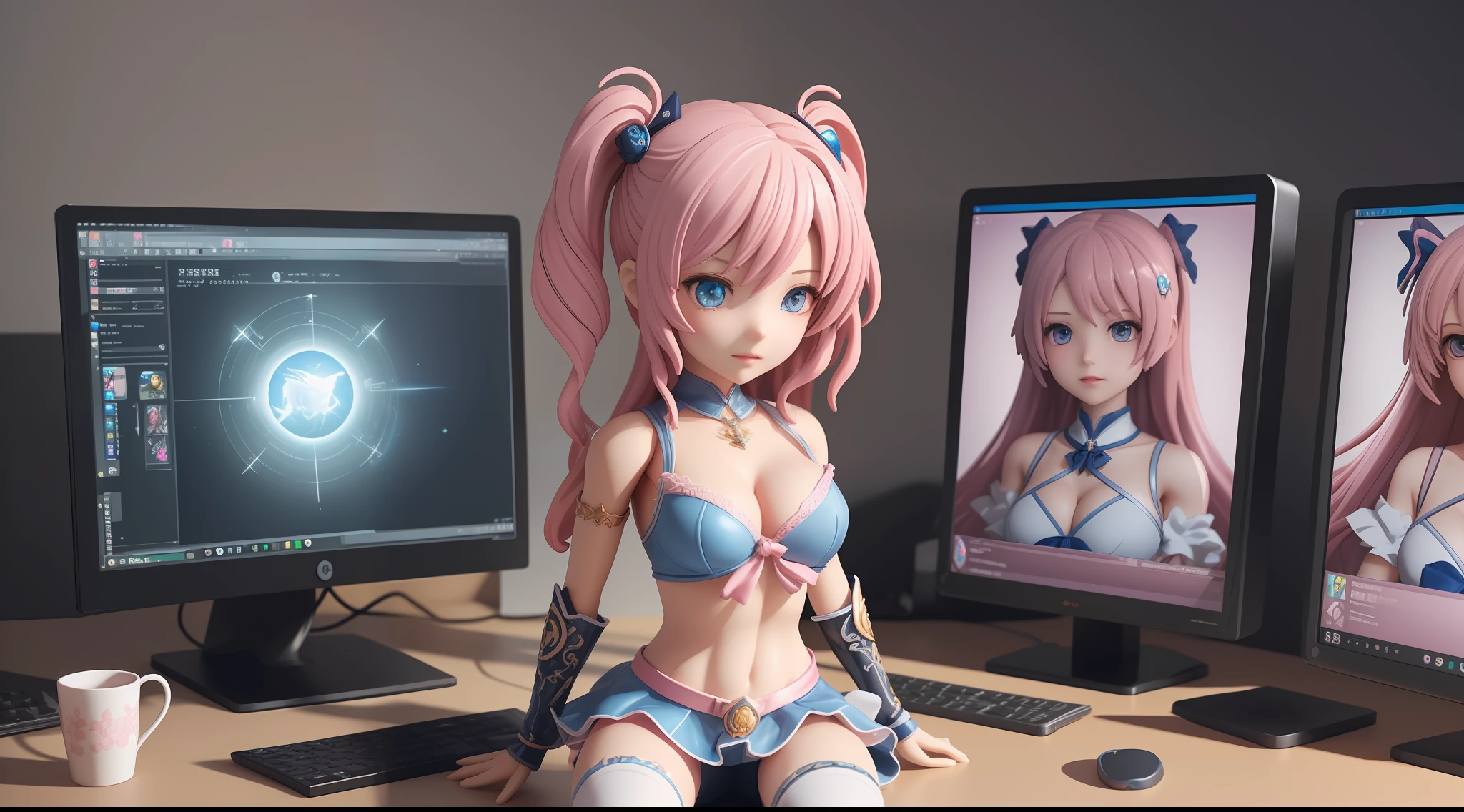 A highly detailed image of a blind box figurine, full-body, (((female, anime character, magical girl figurine, flowing pink hair, flat chest, small breasts, a-cup, ultra petite body, athletic build))), dynamic pose, small figurine, figurine stand, (detailed eyes, ultra detailed eyes), sitting on top of larger computer desk, viewed from front, high angle perspective, bright light, digital art, highly detailed, fine detail, intricate, ornate, complex, octane render, unreal engine, photorealistic, 8k, 16k,