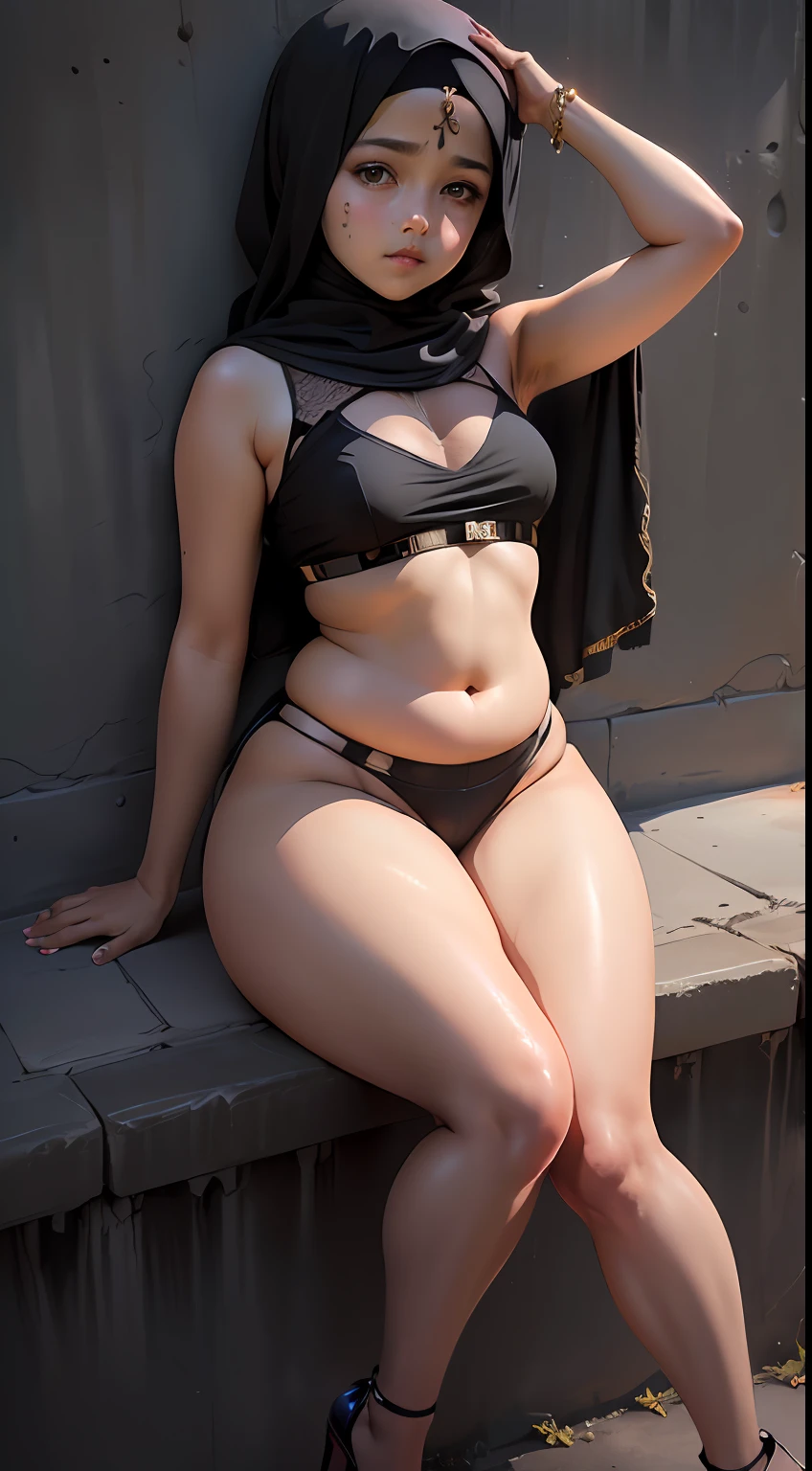 (arabian girl:1.2), (5 years old:1.7),  perfect face, (chubby:1.5)  perfect full HDR body exposed midriff highleg loli flat chest curvy indian armpits bellydancer 8k high res knees ankles , cleavage (shiny skin:1.5) (full body shot) (high heels)  (armpits:1.3) (outdoor) (black theme:1.8) (masterpiece:1.8) (hijab:1.2) (temple:1.4)  (leaning on a wall:1.5) (sitting:1.6), (exposed thighs :1.7), (exposed knees:1.7)