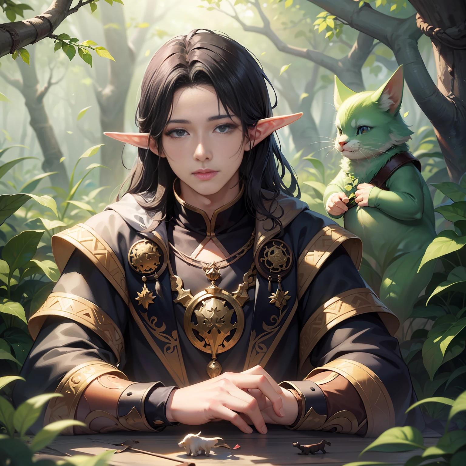 （​masterpiece）8K分辨率、top-quality、Elf beautiful man playing with animals、The background is the forest、fantasy-inspired、Hazel eyes、Rin々Shishi