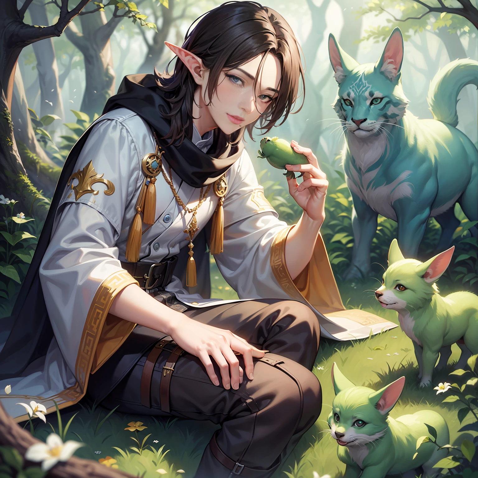 (masterpiece)8K分辨率、top-quality、Elf beautiful man playing with animals、The background is the forest、fantasy-inspired、Hazel eyes、Rin々Shishi