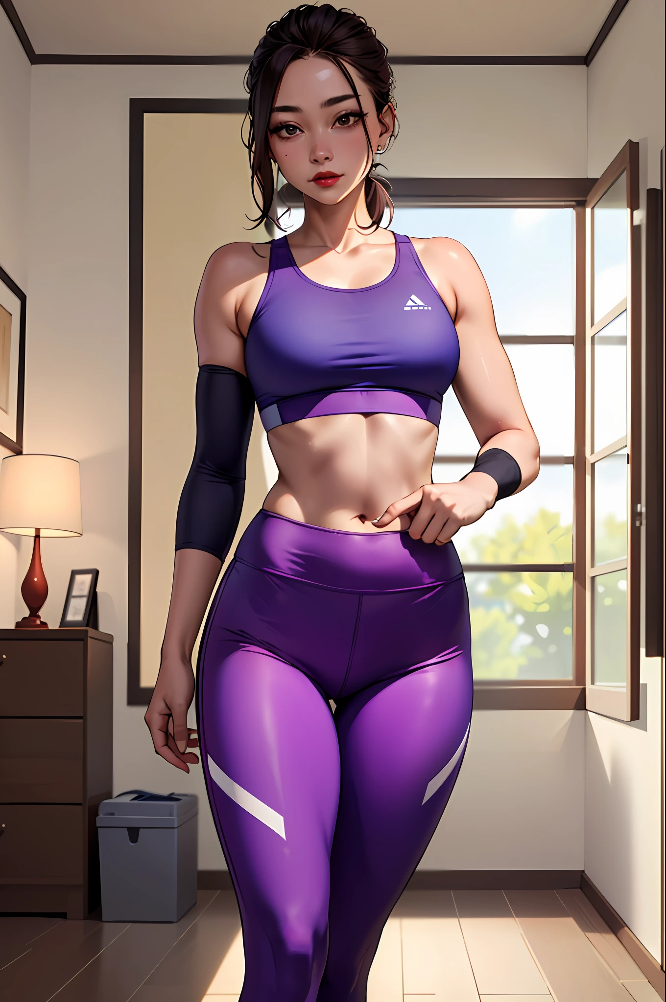 (​masterpiece:1.4)、(top-quality:1.4)、
1girl in, Sports bra and white and purple sports leggings、(Arm sleeve),length hair, looking at the viewers, Bedroom, 独奏 ,realisitic,(shinny skin),(​masterpiece:1.4),(top-quality:1.4),red-lips