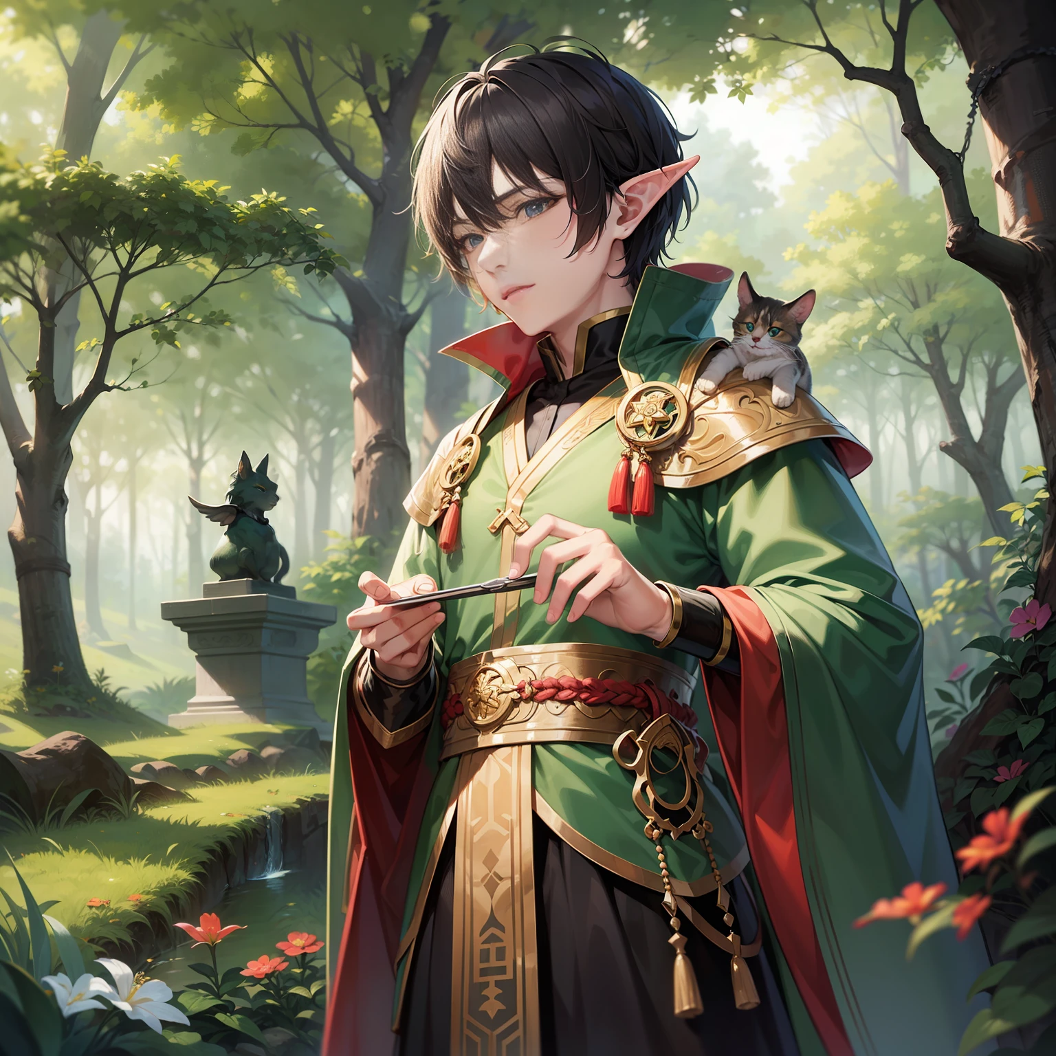 （​masterpiece）8K分辨率、top-quality、Elf beautiful man playing with animals、The background is the forest、fantasy-inspired、Hazel eyes、Rin々Shishi