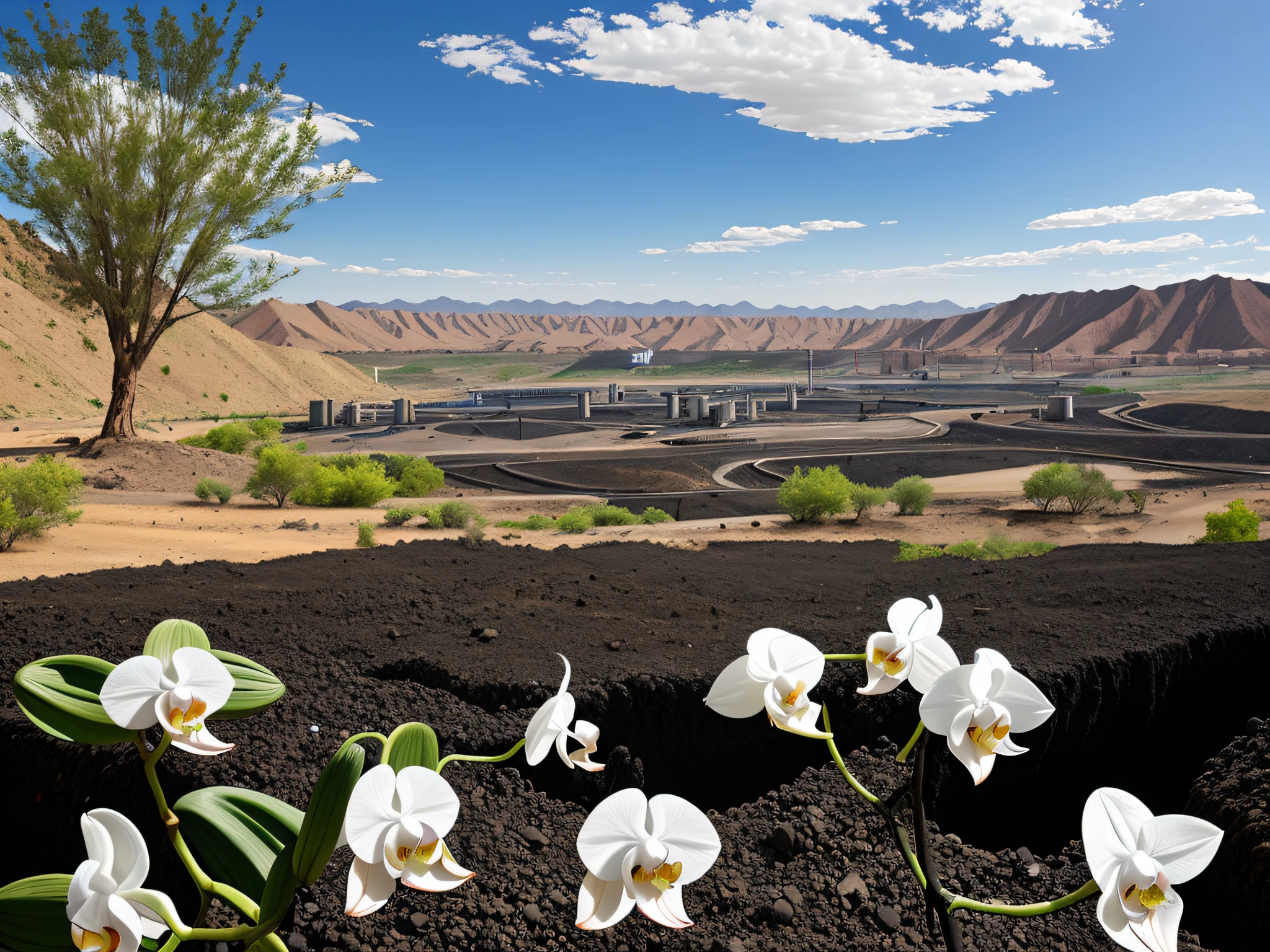 In the vast desert,Standing is a hill where coal mines are piled up,White Phalaenopsis orchids bloom on top of black coal mines