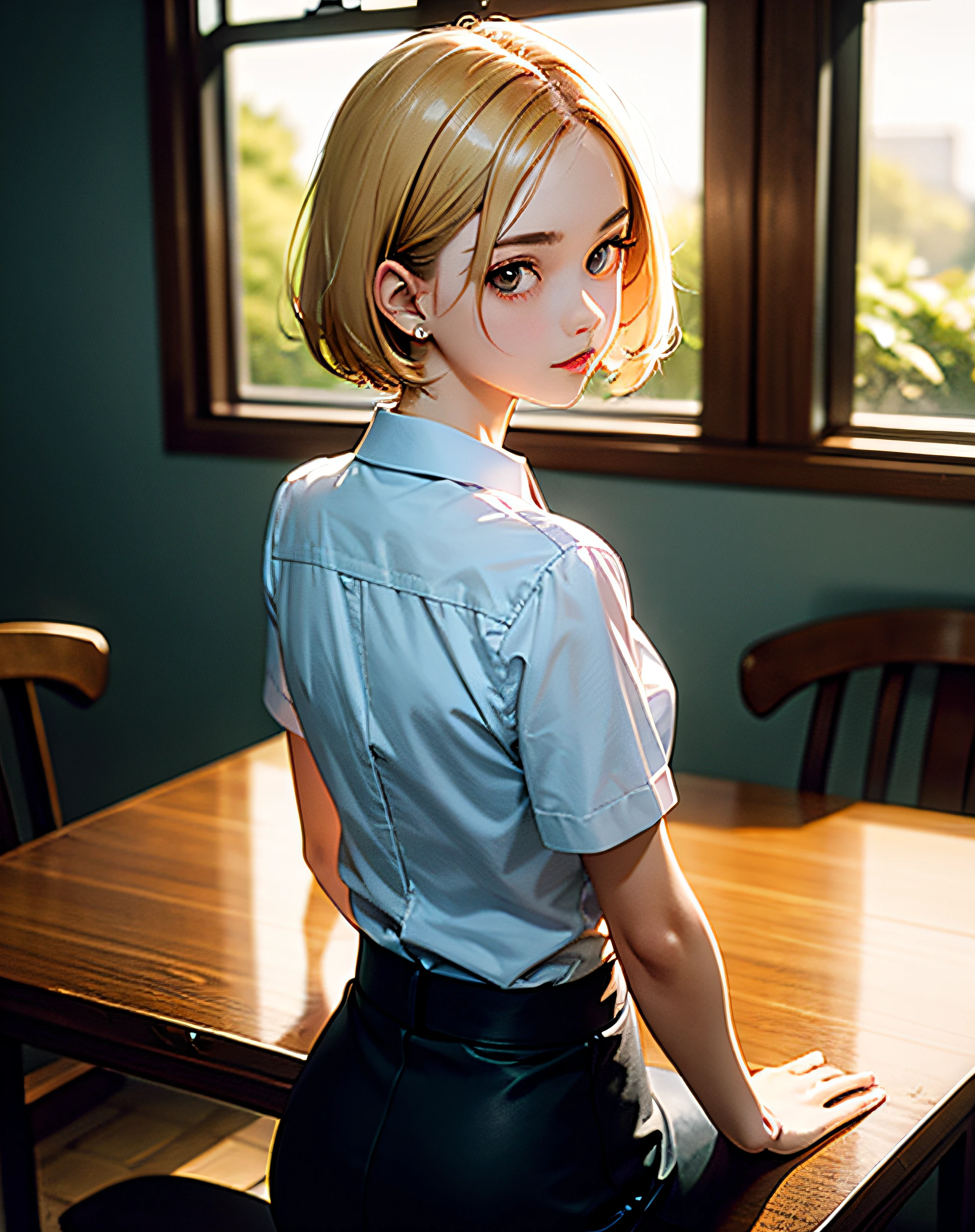 ((​masterpiece、finely best quality、ultra-detailliert、超A high resolution、detailedbackground))、(natta)、(far away)、Chiaroscuro、cafes、in a house、solofocus、(by the window)、(Arm support)、1girl in、Turn your back、short blonde hair、Distracting、sitting on、Cross-eyed、Black collared shirt、(looking at away)、Street space、Neon light、