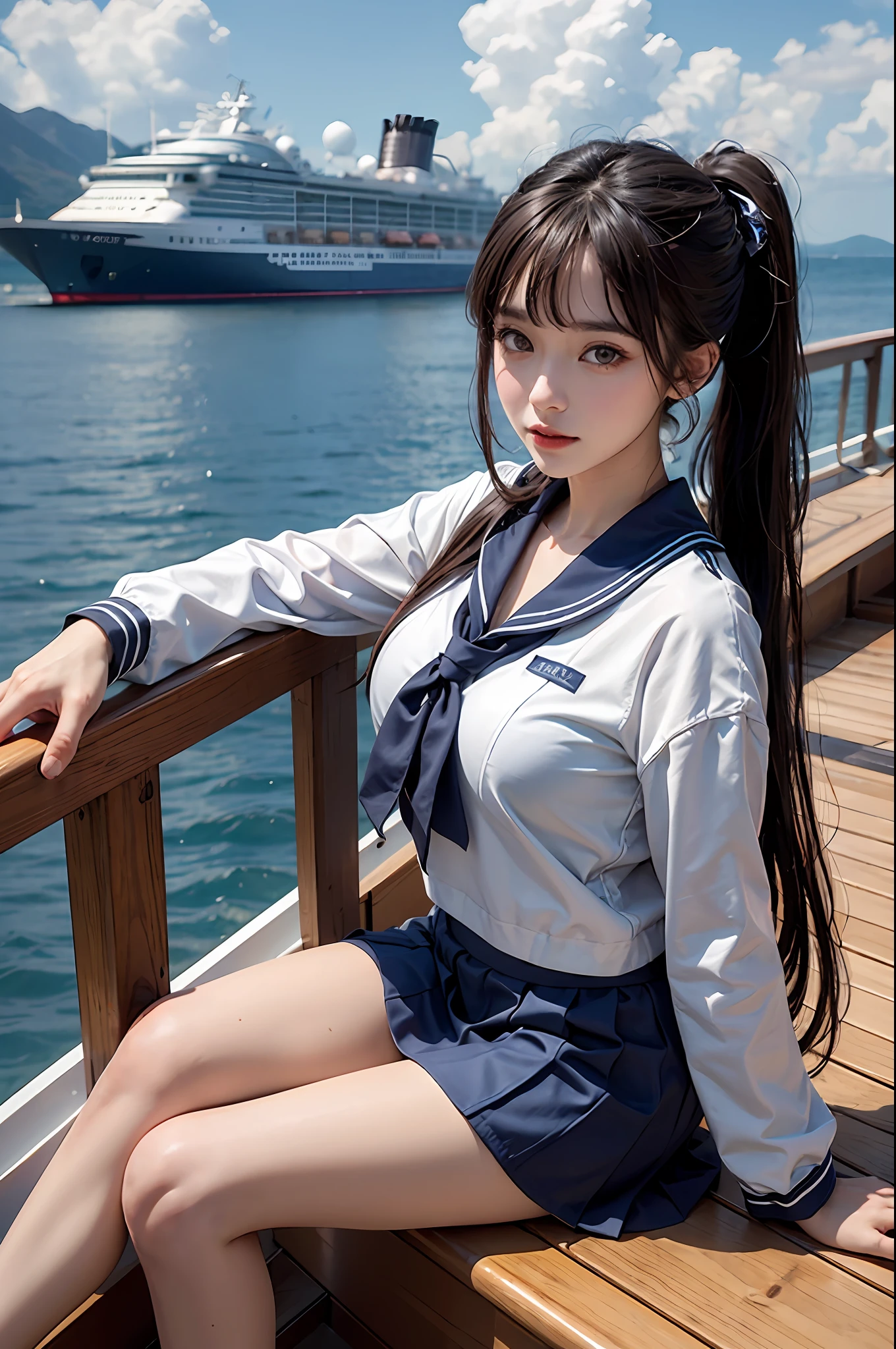 On the deck of a luxury cruise ship,mast,buoy,Pose for photos in loose blue and white sailor suits and short skirts,Slim girl model,24 years old female model,double-ponytail,Unilateral bangs,