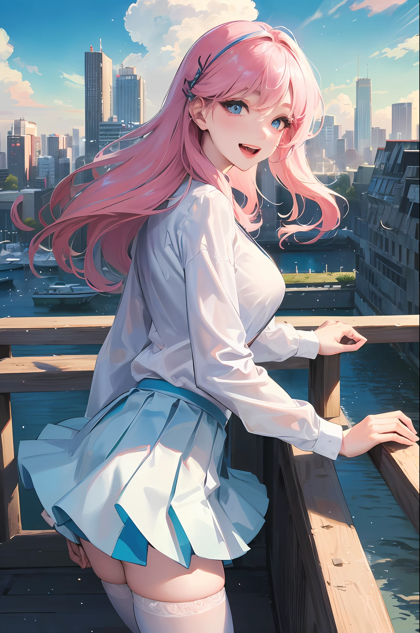 Official Art, Masterpiece, Sharp Focus, (Beautiful Gorgeous Cute Korean Woman: 1.3), (Beautiful Cute Korean: 1.3), Korean Beauty, Delicate Beautiful Hair and Eyes and Face, Realistic, Ultra Detailed, Beautiful Girl, Blue Sky, Glowing White Particles, (Sidelighting: 1.2), Sunlight, White Clouds, Delicate Clouds, Slender, Cute Big Breasts Big Buttocks, Toothy Laughing, ((Laughing with Eyes Open)), Landscape, Long Straight Hair, Sexy Facial Expressions, Architecture, ( Cityscape:1.7), Dynamic Hair, Long Straight Hair, Delicate Platinum Pink Hair, Glowing Blue Eyes, (Blue Pleated Shirt + White Skirt), White Stockings, Pale Skin, Hair Accessories, Epic Landscape,