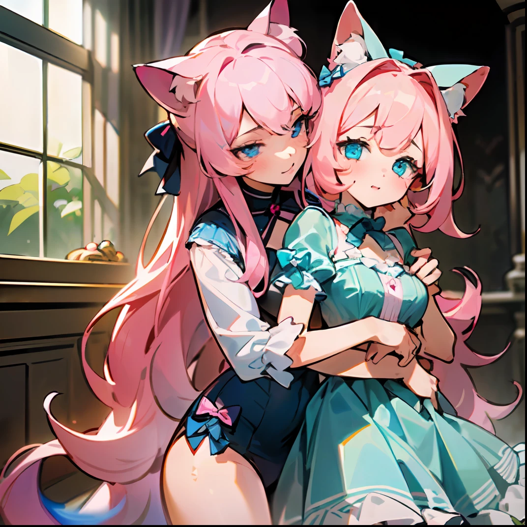 (masterpiece, top quality, best quality, official art, beautiful and aesthetic:1.2), extreme detailed,colorful,highest detailed ((ultra-detailed)), (highly detailed CG illustration), ((an extremely delicate and beautiful)), 1girl, 2girls_A_and_B, {A girl have (cat ears), (pink hair), (long hair), (pink eyes), (pink bow)}, {B girl have (cat ears), (light_pink hair) (blue eyes) (blue frill dress) (light_pink bow)} ((A,B {(same age), ((sexy cloths)), (pose: hugging togeth