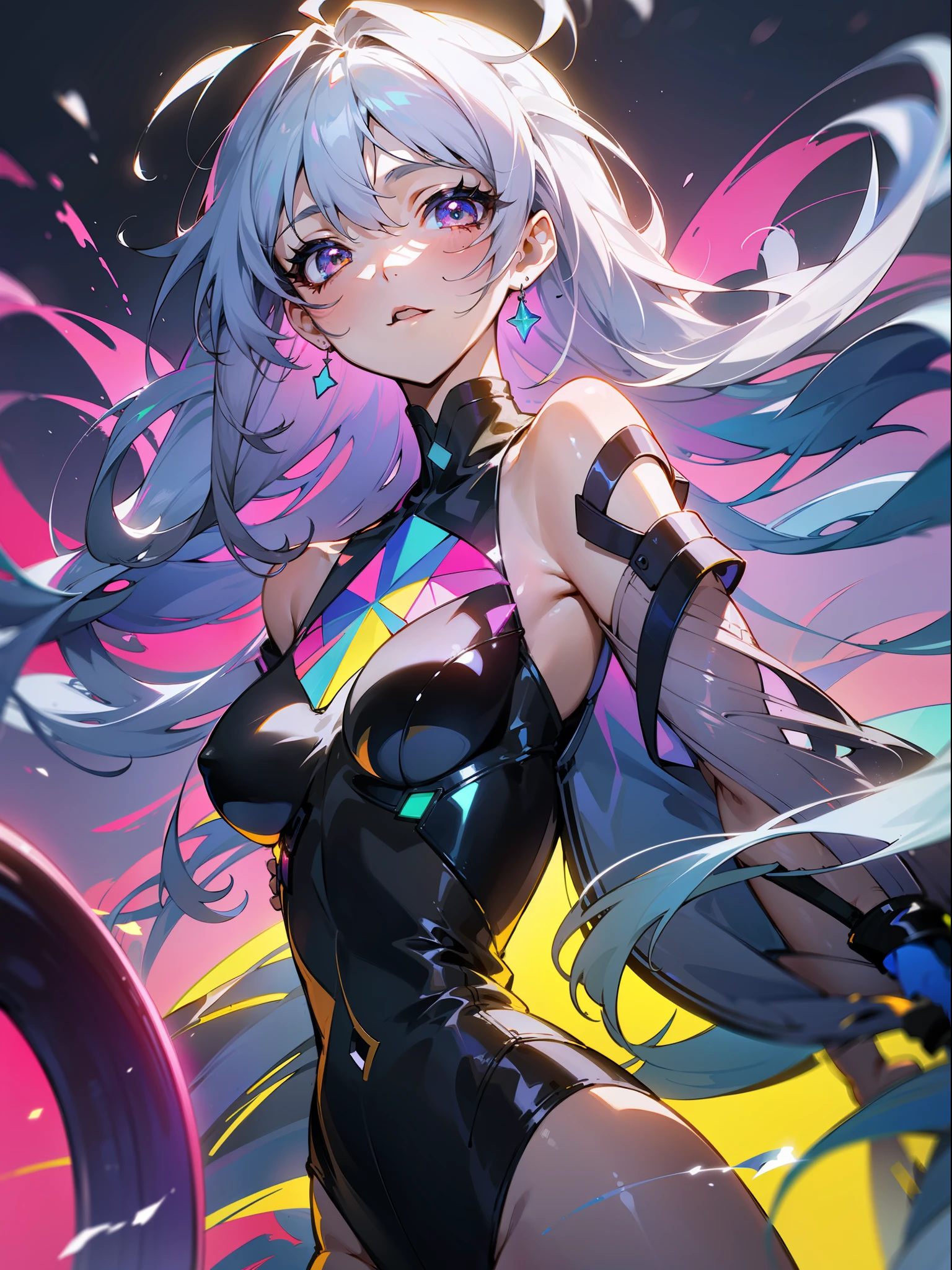 beautiful a girl、Music is empowered、Music、waveform、(((Hyper Detail))),(Extreme Detail CG Unity 8K Wallpapers、tmasterpiece、最好质量)、(exquisite lighting and shadow、highly dramatic picture、a beautifulchi girl)、(Cinematic lens effect)、concept-art、starlit、Night City、neon、Colorful shapes with sounds in the background、band、song、stain glass、dynamism、Lots of sound shapes、Sound splash