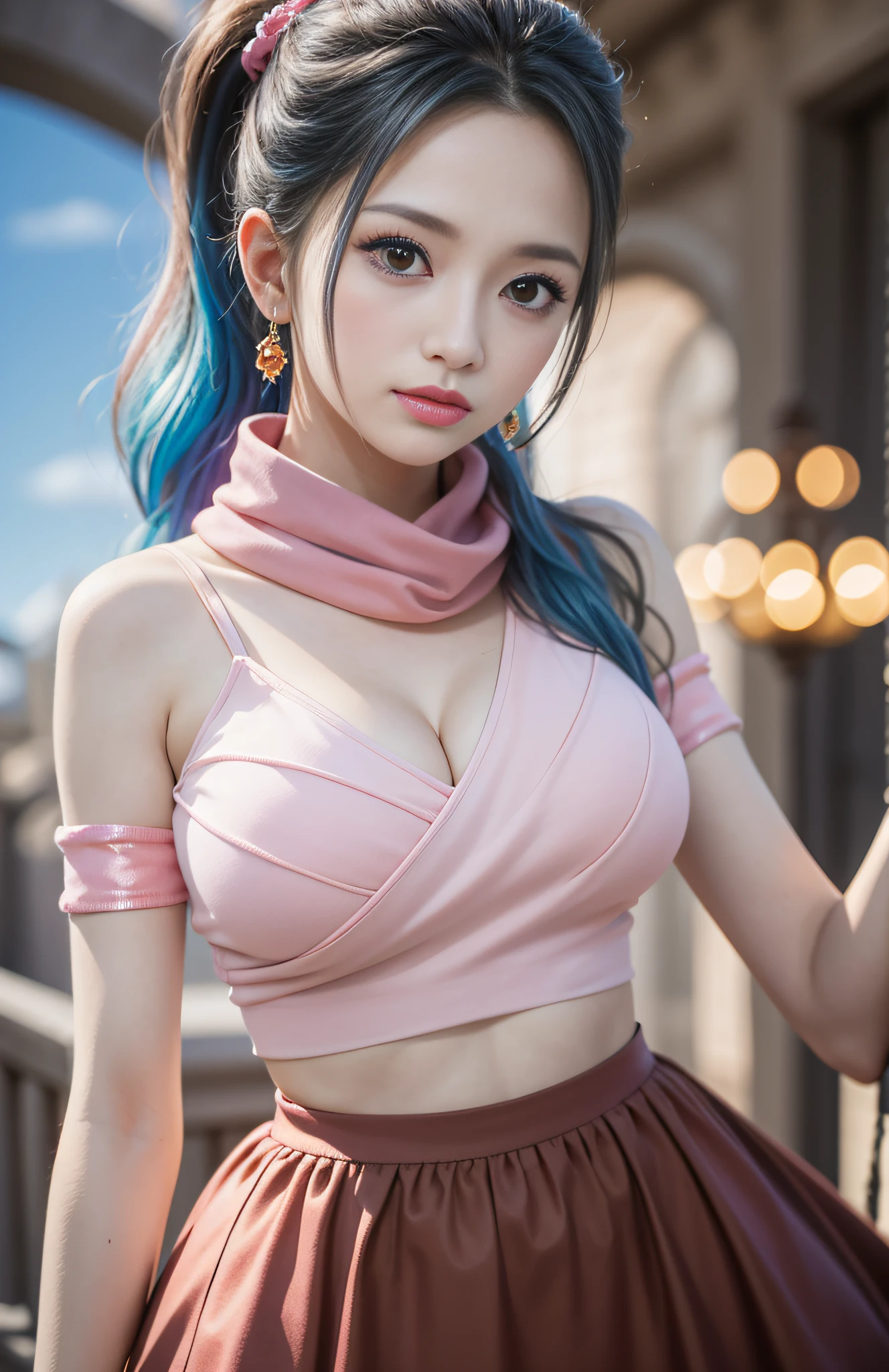masutepiece, Best Quality,8K,highest grade, absurderes, Extremely detailed, nefertari vivi, 1 girl, Solo, Looking at Viewer, long wavy light blue hair, with two locks hanging down, one on either side of her head, which started out at about chin-length, She is most often、I wear it with my hair pulled back into a ponytail, and brown eyes, she is wearing a dancer outfit with a blue-pink top, blue-pink long skirt, and a white scarf, (Castle background),///,Moderate chest、Korea person、(Charming Monkey:1.0)、Puffy eyes、red blush、Details Eye Makeup、realistic skin textures、17 age、Idol、big breasts thin waist