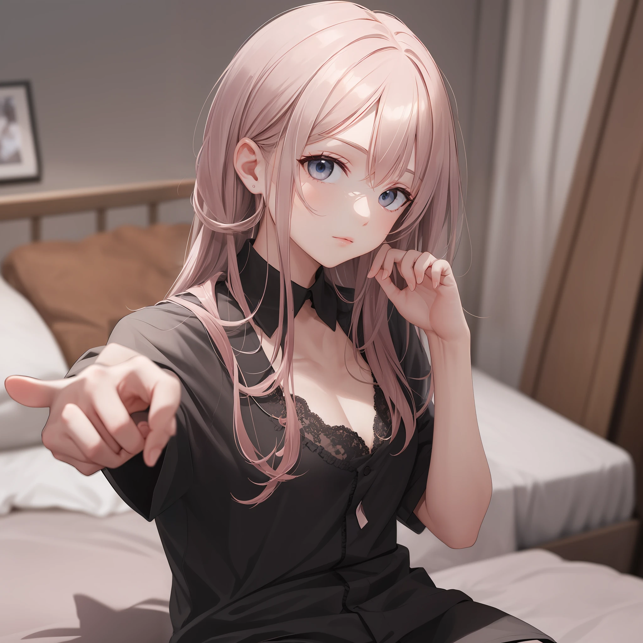 The normal hand background is replaced by sitting on the bed