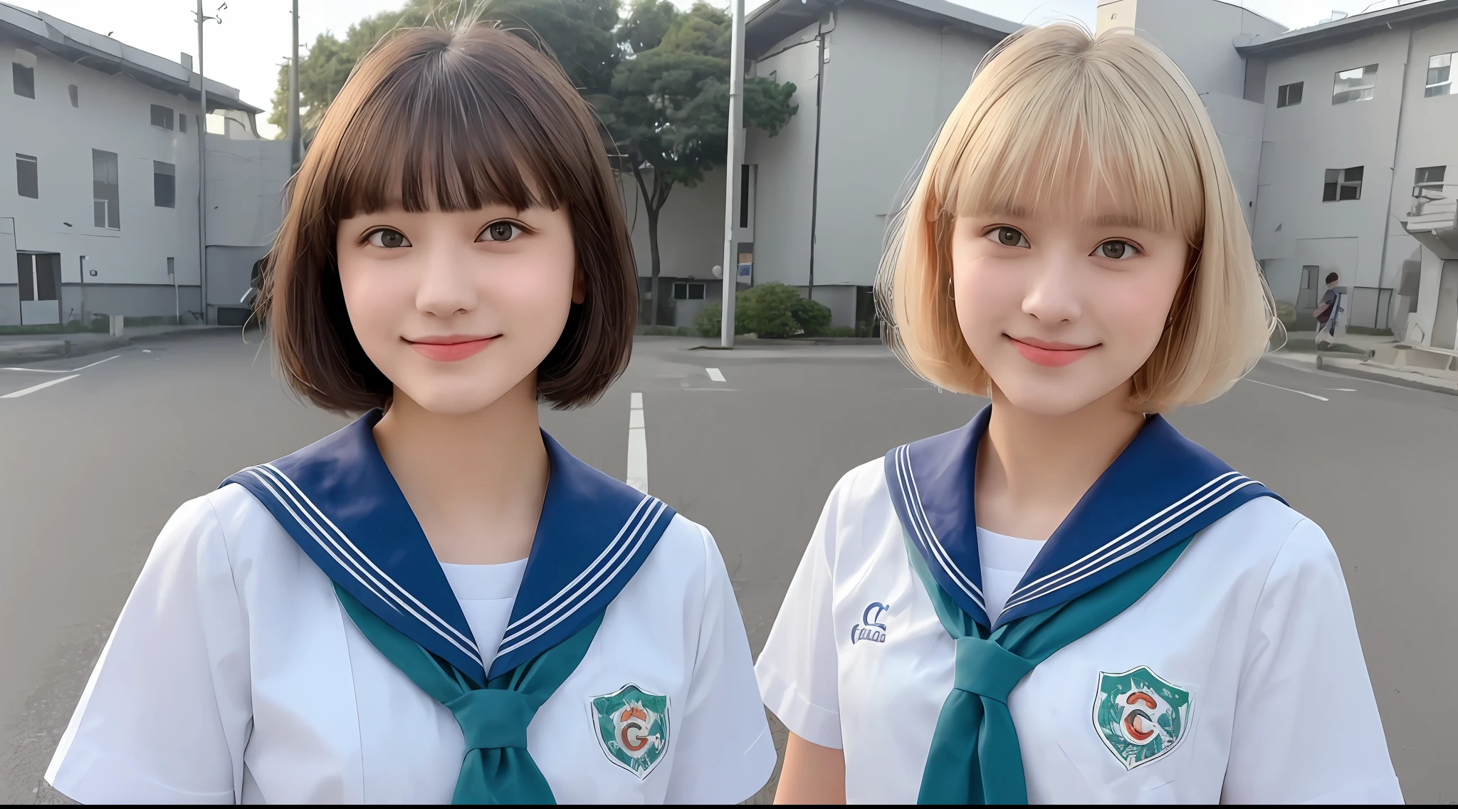 best quality, masterpiece, beautiful face with tiny lips, (photo photo-realistic:1.3), edge lighting, (high detail skin:1.2), 8k ultra hd, DSLR, high quality, high resolution, 72k, bokeh, absurd, best ratio four fingers and one thumb, sailor school uniform, short skirt,((1girl), (emerald eyes, realistic eyes), (short hair, blonde hair, front bangs), (cute face,beautiful face, simetric face, japan artist face), (small body, short, big chest,g cup)) , ((school), (thight school uniform, dynamic pose, full body potrait, full body picture))