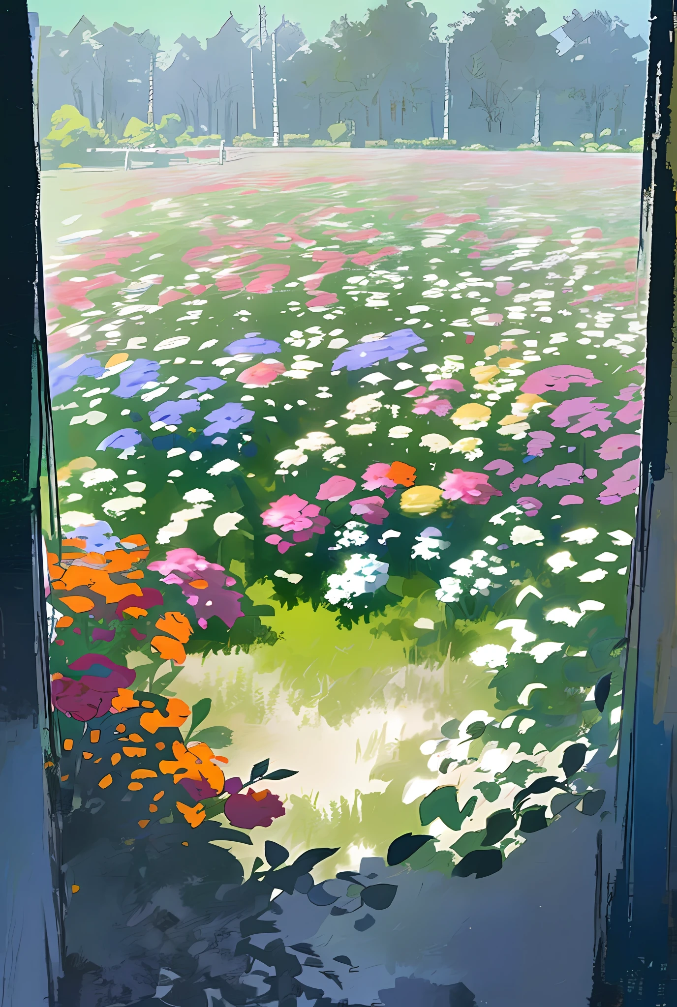 Original photo of the garden,Overgrown with roses,pastel,Soft sunlight shines in from the upper left corner,Light wind,Medium depth of field,viewed from bird's-eye,calm,Impressionist watercolor style,small detailed