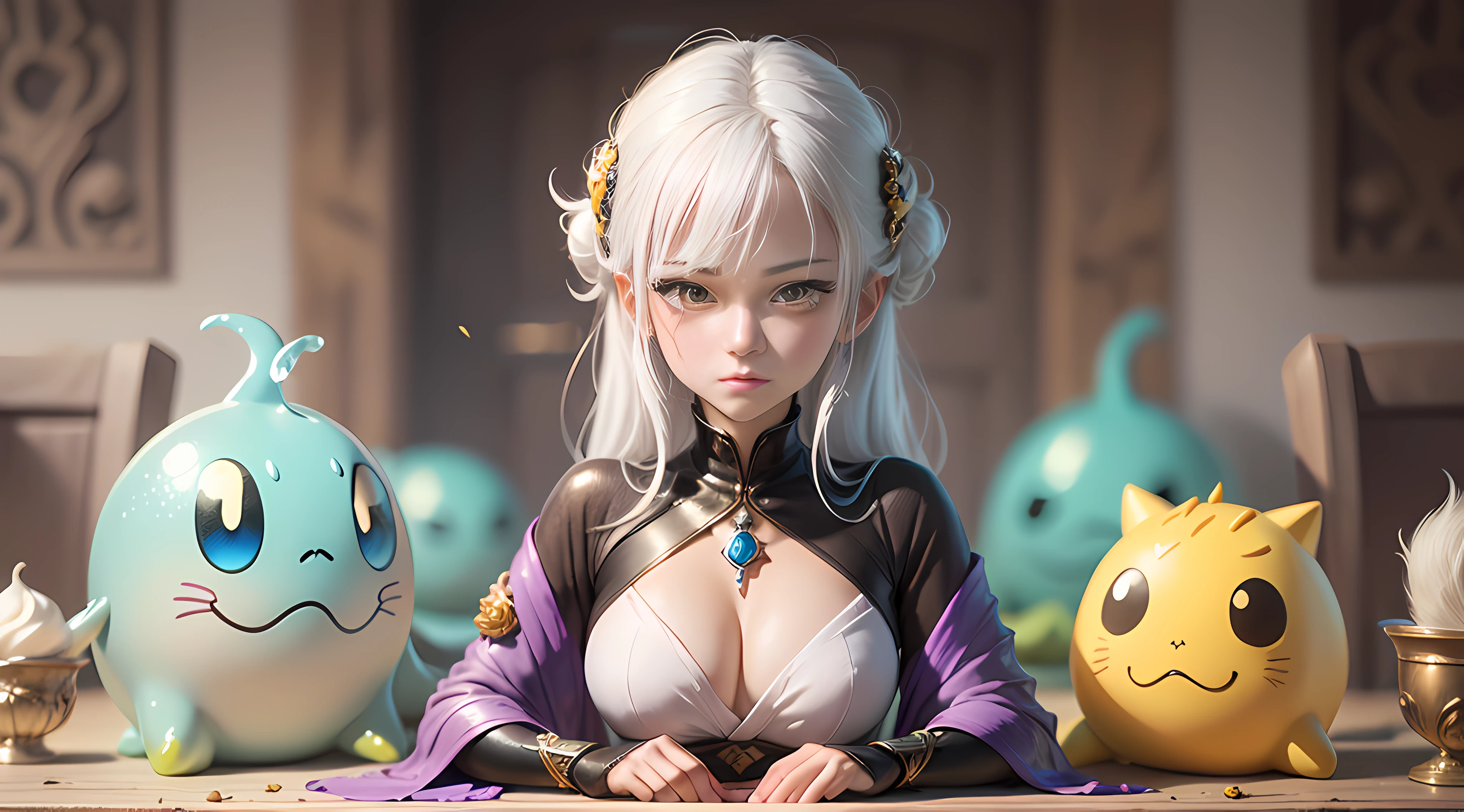 (extremely detailed CG unity 8k wallpaper,masterpiece, best quality, ultra-detailed),(best illumination, best shadow, an extremely delicate and beautiful),(Mana character+Tensei shitara Slime Datta Ken character:1.2),white hair,yellow eyes,white and purple clothing,wooden surroundings, calm expression, Volumetric light.
