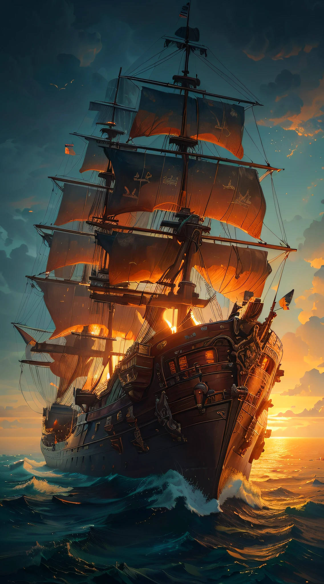 painting of a ship in the ocean with a sunset in the background, detailed cover artwork, amazing wallpaper, pirate ship, old pirate ship, gothic ship on ocean, 4k highly detailed digital art, burning ships, inspired by gaston bussiere, by Roman Bezpalkiv, detailed painting 4 k, by Arthur Pan, by Aleksander Gine
