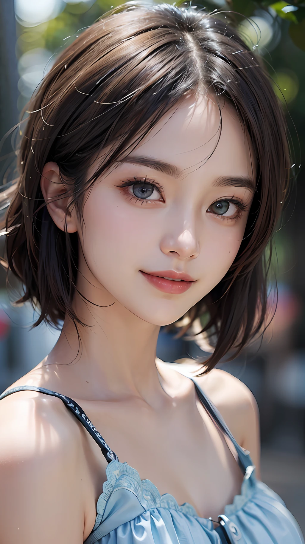 1girl, heterochromia, gradient hair: 1.5, focus, (abstract theme, abstract background,) smile, milf, impact. Masterpiece, 1 Beautiful Girl, Detailed Eyes, Swollen Eyes, Top Quality, Ultra High Resolution, (Realistic: 1.4), Film Lighting, Japanese, Asian Beauty, Korean, Very Beautiful, Beautiful Skin, Slender, Body Facing Forward, (Ultra Realistic), (High Resolution), (8K), (Very Detailed ), ( Best Illustration), (Beautifully Detailed Eyes), (Super Detailed), (Wallpaper), Detailed Face, Lighting is Bright, Professional Lighting, Looking at Viewer, Facing Forward, Smiling, Short Hair, Neat Clothing, Slightly Blurred Background, Street Trees, Hair Color Some Vivid Blue, Birthday, Dress,