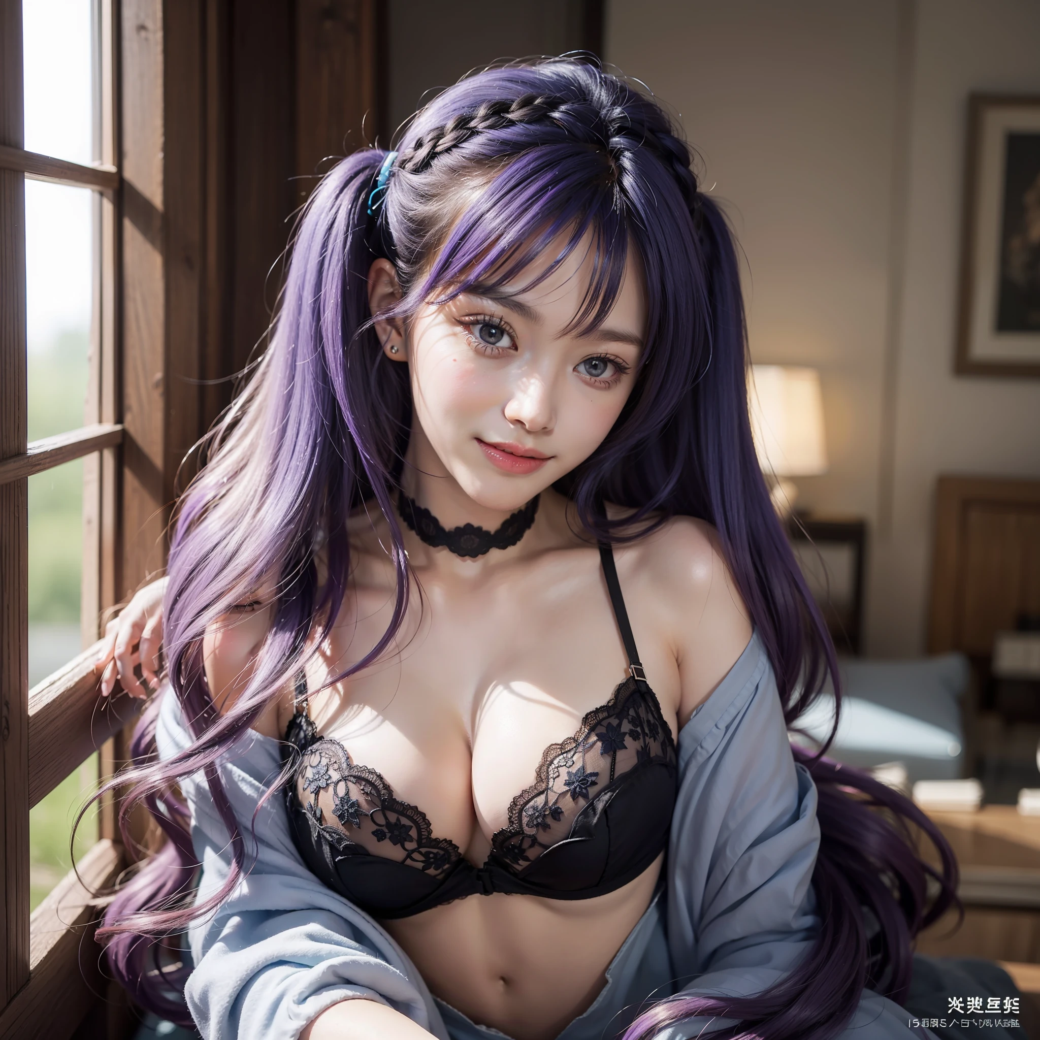 Colorful hair（Purple and blue gradient）、short twintails、Beautuful Women、beautidful eyes、Dazzling smile、Soft skin、Official art、​masterpiece、Extremely delicate modeling、top-quality、Photorealsitic、8k picture、hiquality、large full breasts、Princess、In face（Rounded face）、an lingerie、opening legs