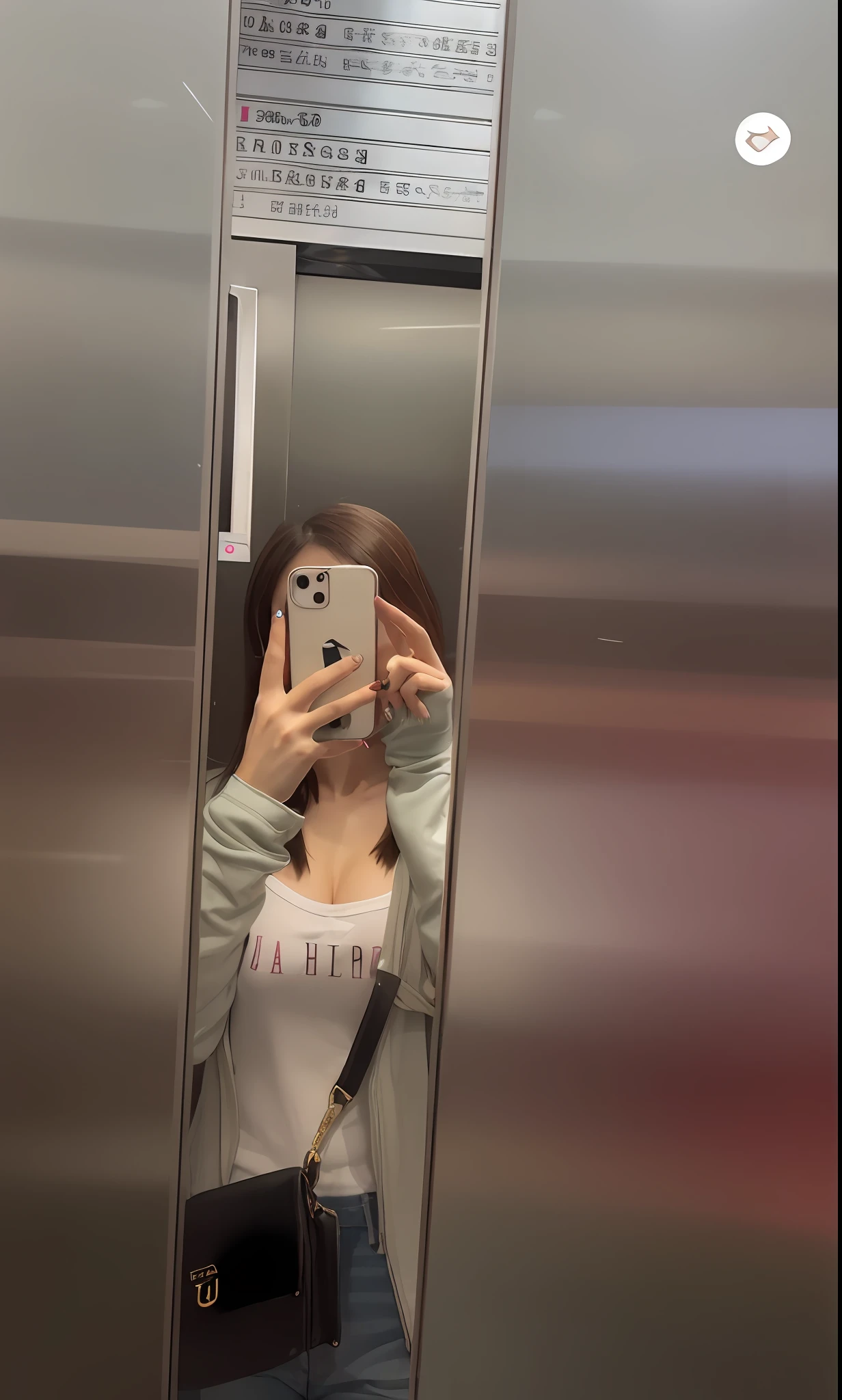 Woman taking selfie in mirror in public restroom, 8k selfie photograph, in an elevator, Mirror selfie, taken with sony alpha 9, ulzzangs, low quality photo, standing in front of a mirror, photo of slim girl, taken with a Sony A7R camera, 8K 50mm ISO 10, selfie shot straight on angle, iphone selfie,Super score