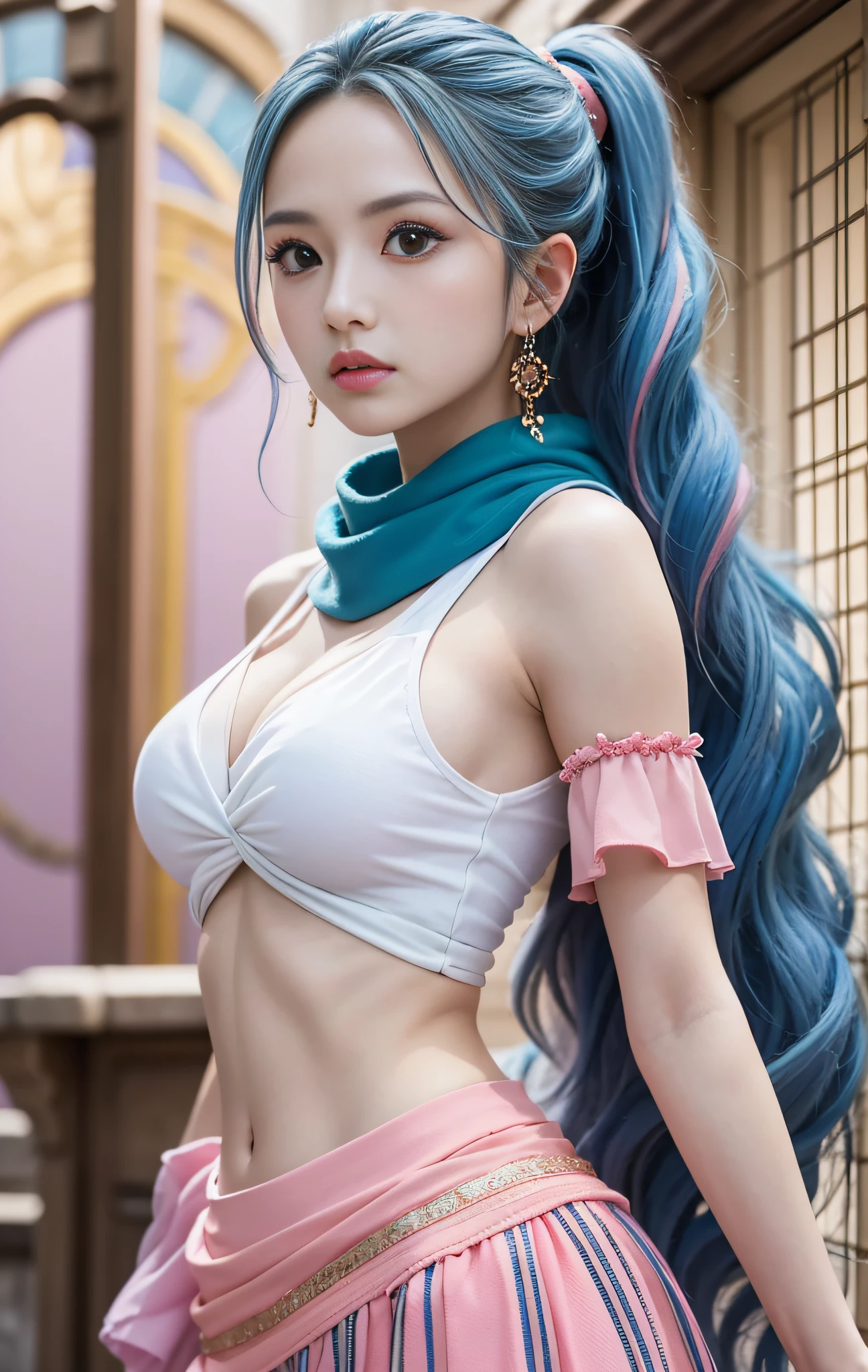 masutepiece, Best Quality,8K,highest grade, absurderes, Extremely detailed, nefertari vivi, 1 girl, Solo, Looking at Viewer, long wavy light blue hair, with two locks hanging down, one on either side of her head, which started out at about chin-length, She is most often、I wear it with my hair pulled back into a ponytail, and brown eyes, she is wearing a dancer outfit with a blue-pink top, blue-pink long skirt, and a white scarf, (Castle background),///,Details Eye Makeup