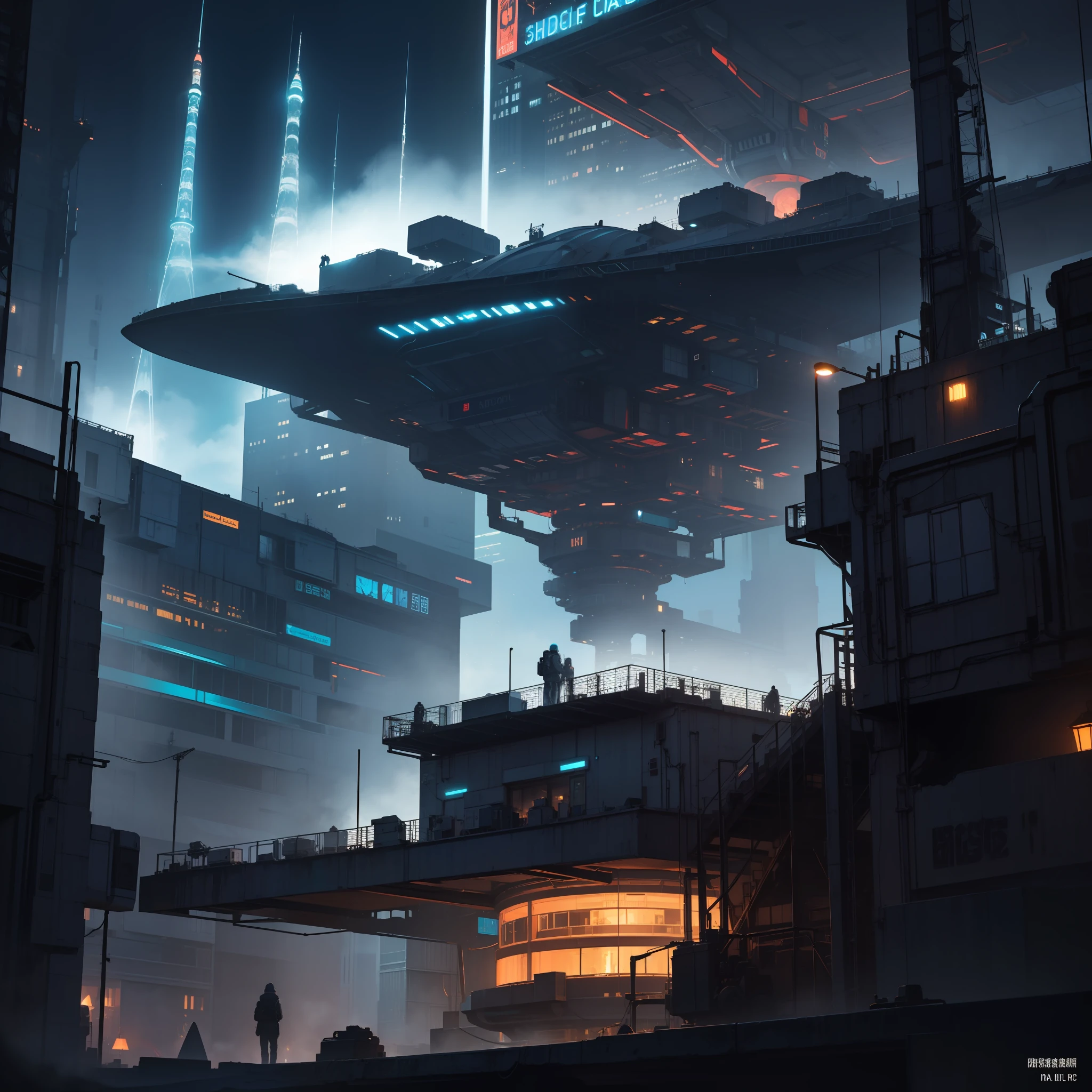 "Excellent light and shadow handling,A futuristic city,The spacecraft docked,Huge buildings and equipment,Brilliant neon lights and blue glow,Under the sun,The surface of the spacecraft shows signs of wear。"
